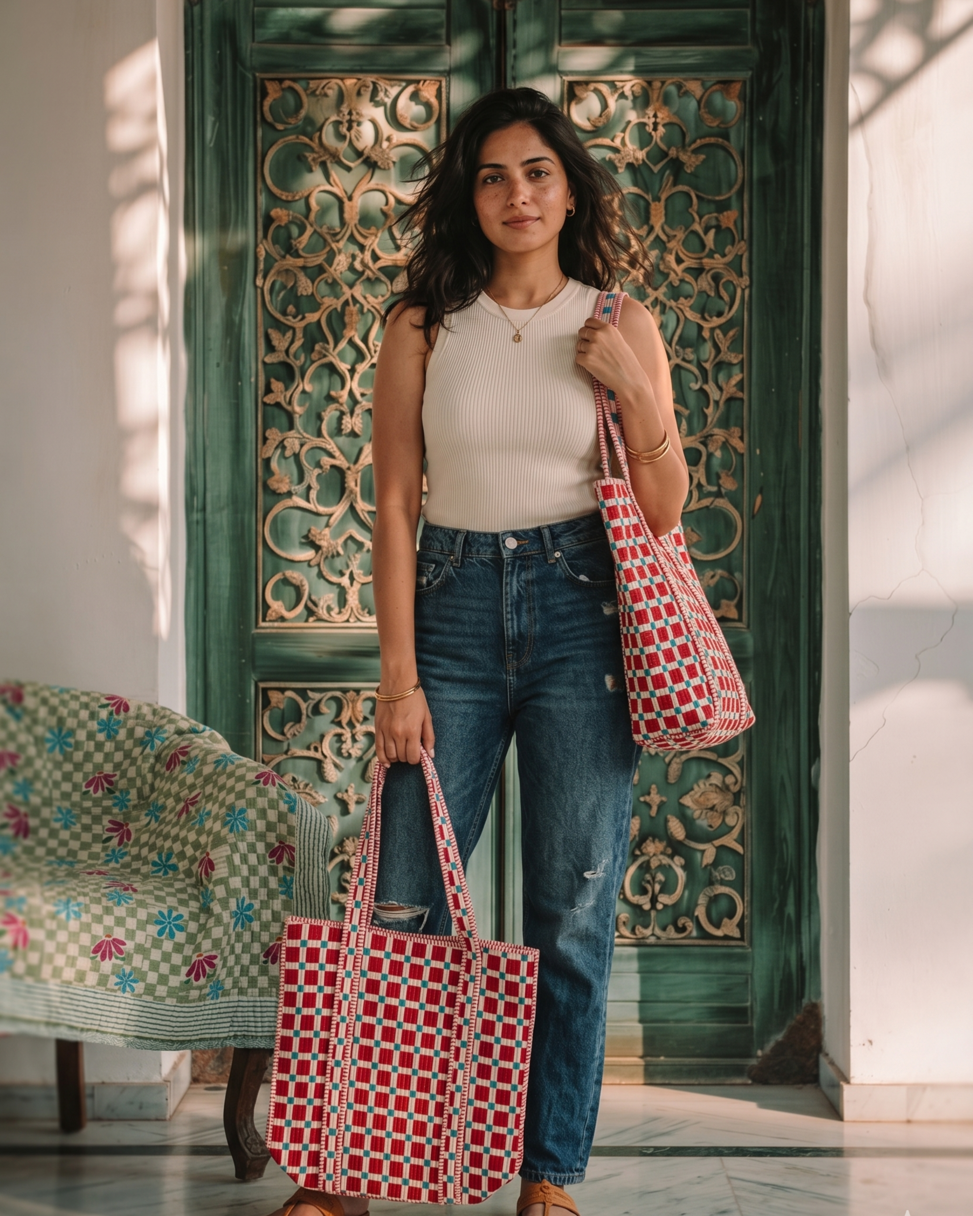 Checkered Quilted Handcrafted Tote Bag – Red & Blue Everyday Carry & Premium Gift Item | Gulabi Craft