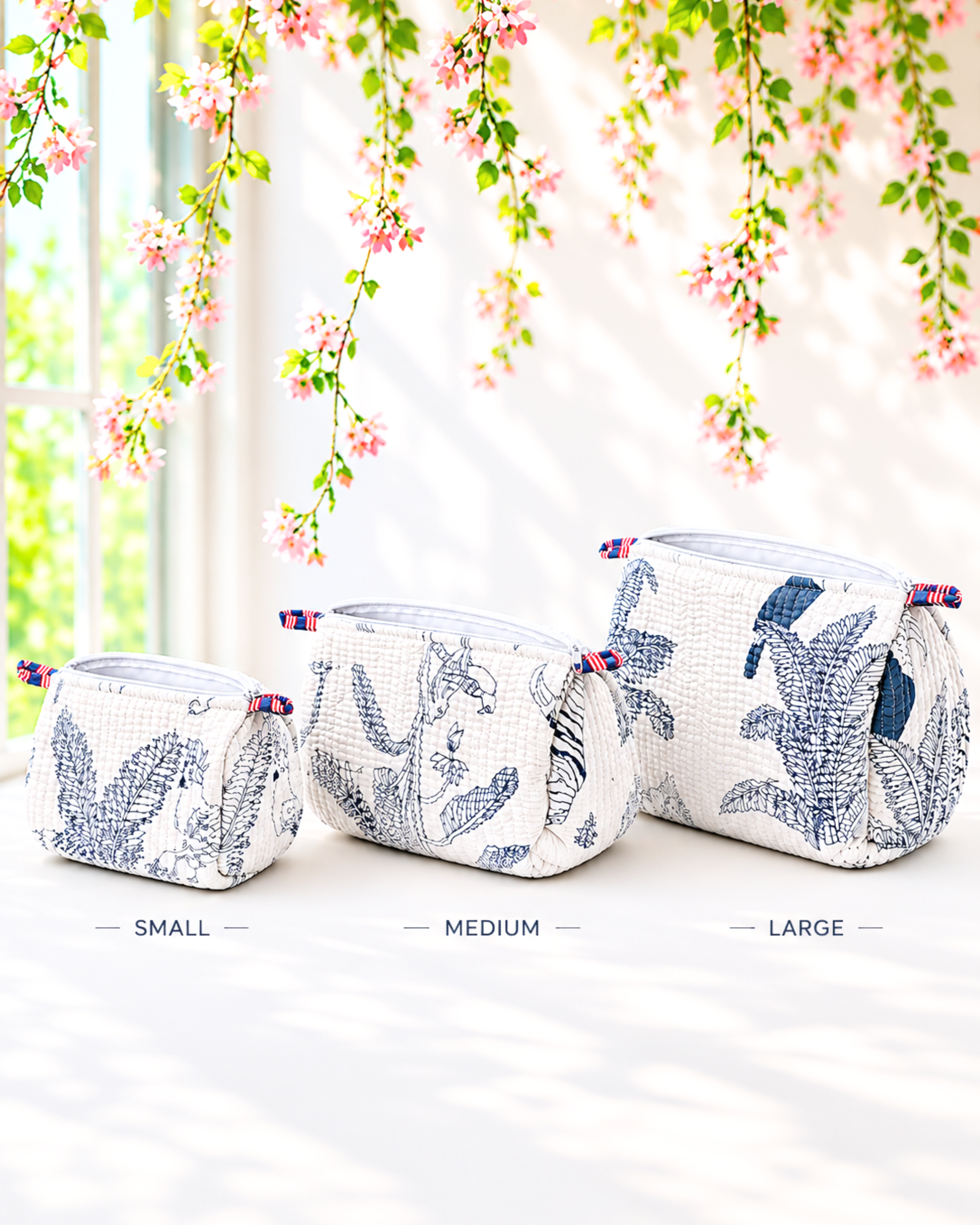 Ivory Safari Jungle Quilted Cotton Tote Bag with 3 Cosmetic Pouches Set | Raksha Bandhan Gift | Gulabi Craft