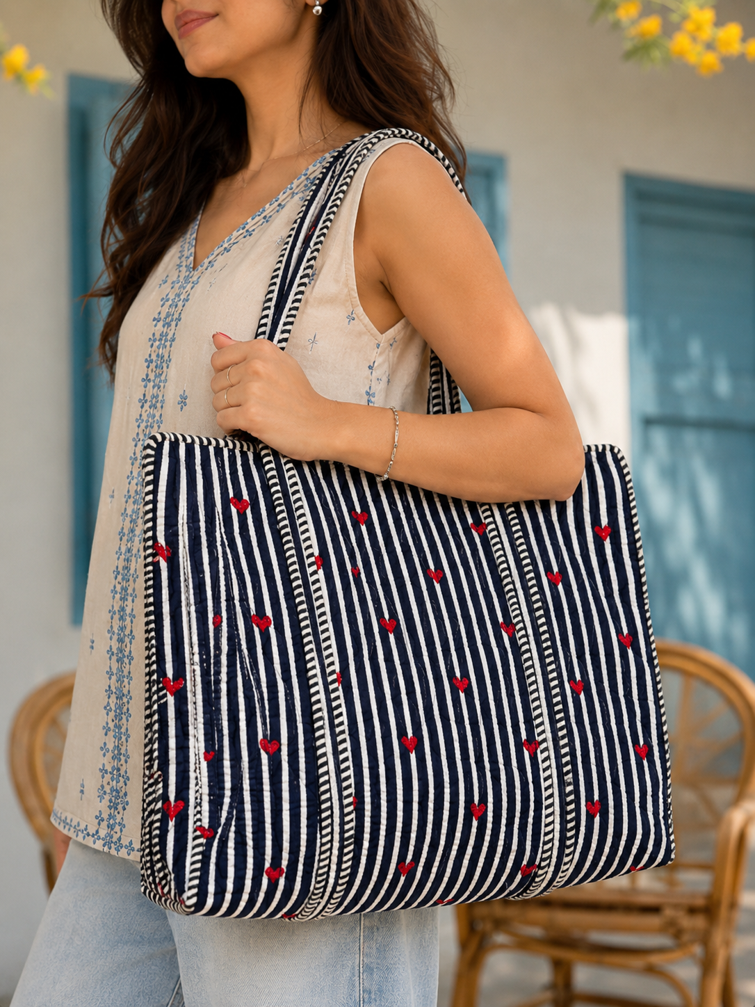 Navy Blue Stripe Red Heart Handcrafted Quilted 60x60 Cotton Tote Bag with Inner Pocket for Travel