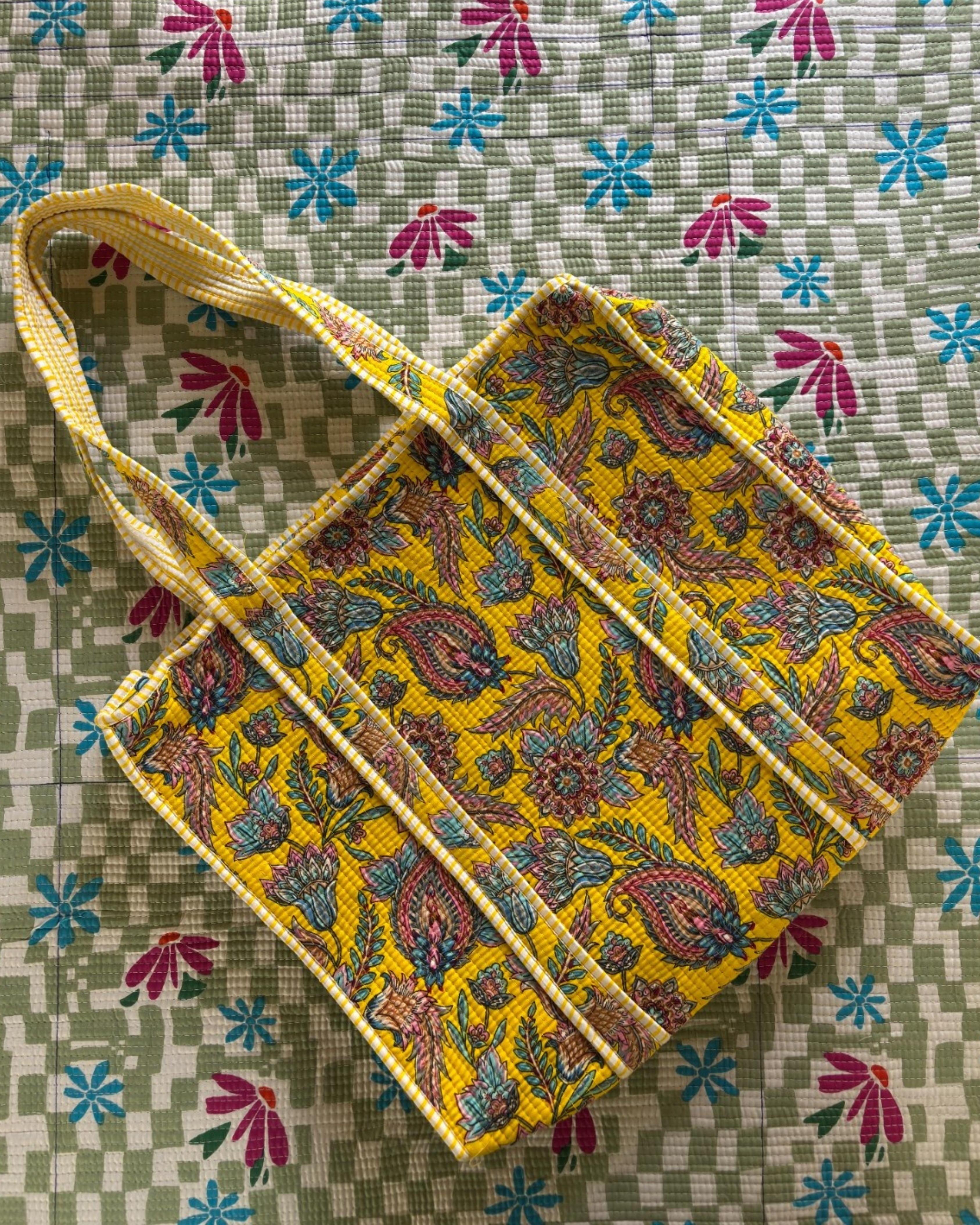 Yellow Floral Quilted Handcrafted Tote Bag – Premium Everyday Carry & Eco-Friendly Gift Item | Gulabi Craft