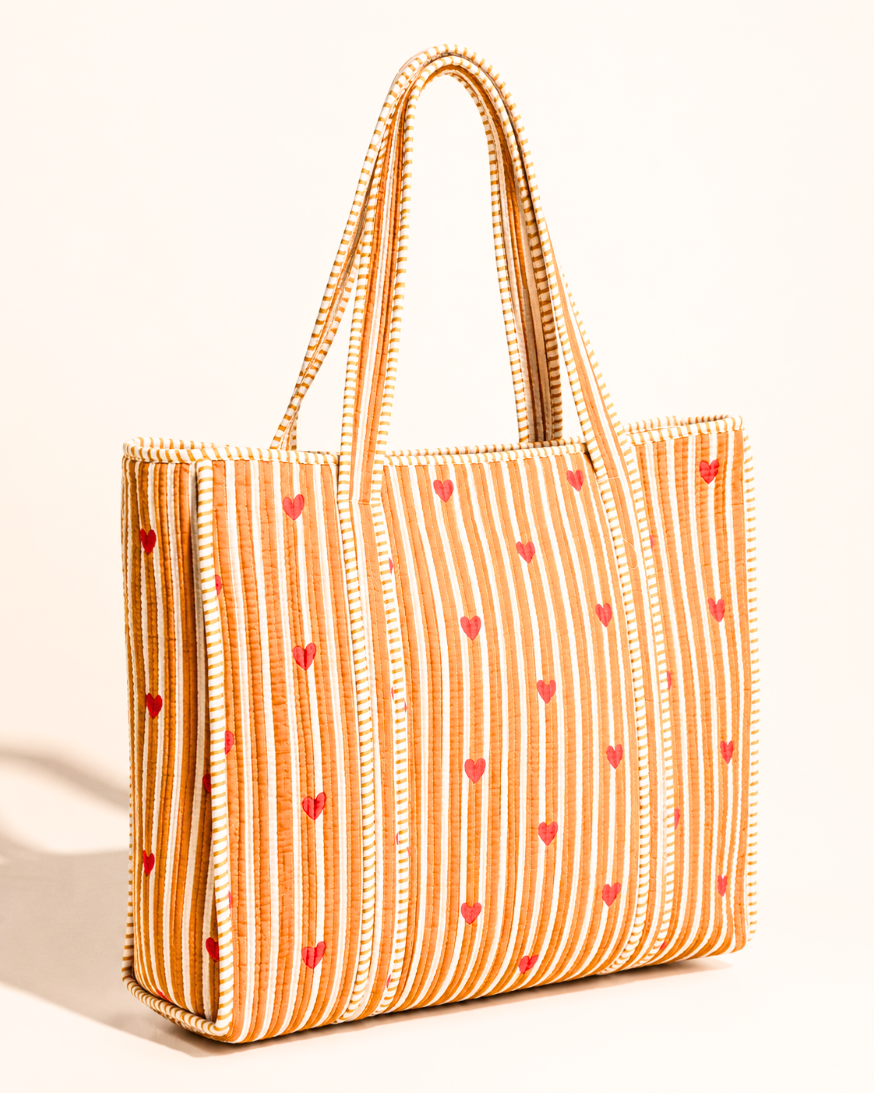 Mustard Heart Quilted Cotton Tote Bag with 3 Cosmetic Pouches Set | Gulabi Craft