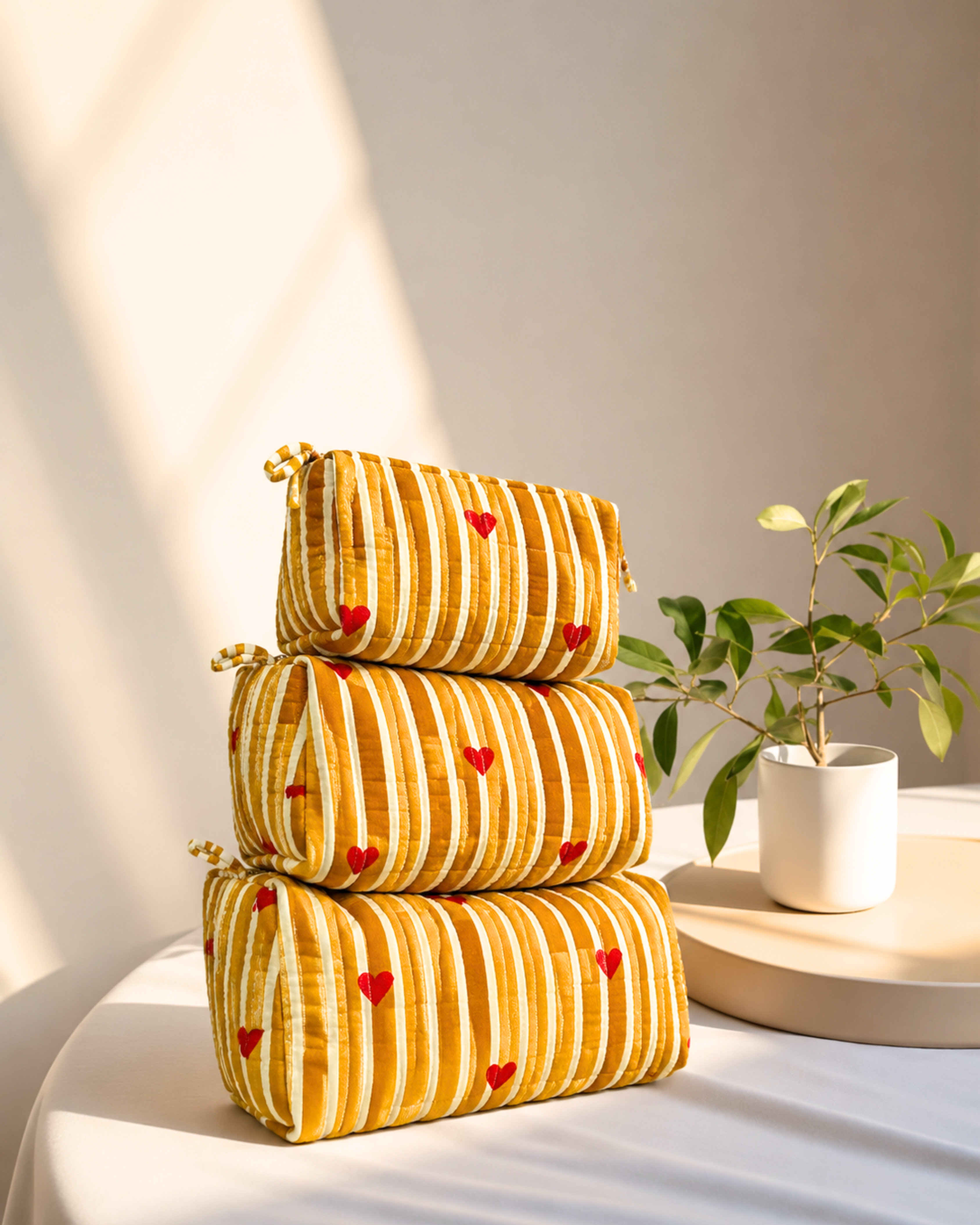 Mustard Heart Quilted Cotton Tote Bag with 3 Cosmetic Pouches Set | Gulabi Craft