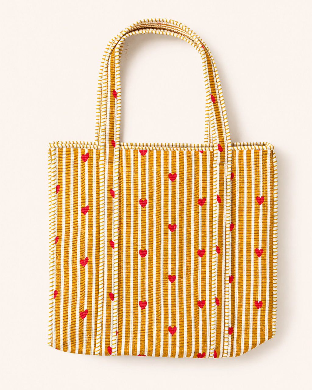 Mustard Yellow Stripe Red Heart Quilted Canvas Tote Bag | Handcrafted Cotton Shoulder Bag with Inner Pocket | Gulabi Craft