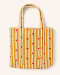 Mustard Yellow Stripe Red Heart Quilted Canvas Tote Bag | Handcrafted Cotton Shoulder Bag with Inner Pocket | Gulabi Craft