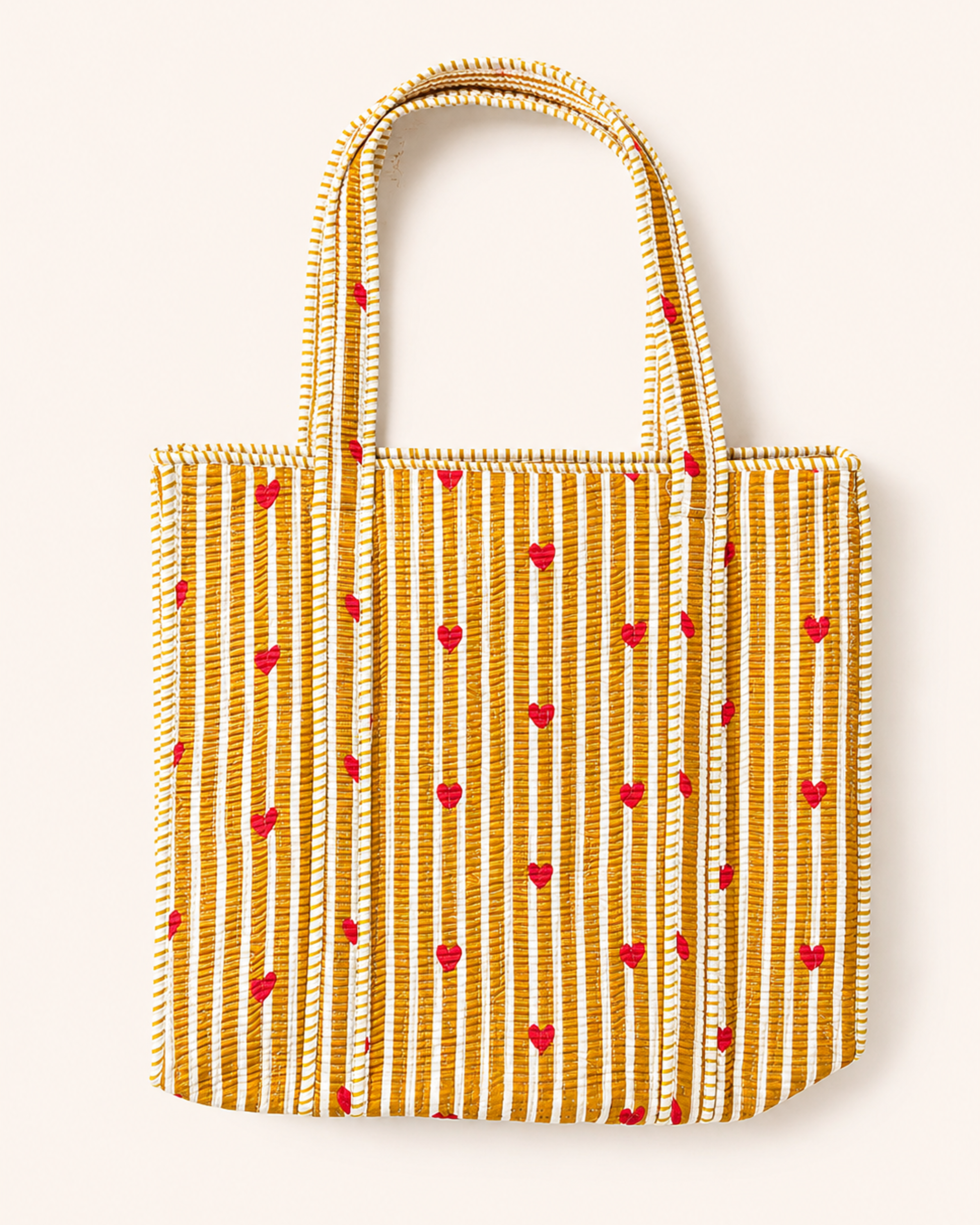 Mustard Yellow Stripe Red Heart Quilted Canvas Tote Bag | Handcrafted Cotton Shoulder Bag with Inner Pocket | Gulabi Craft
