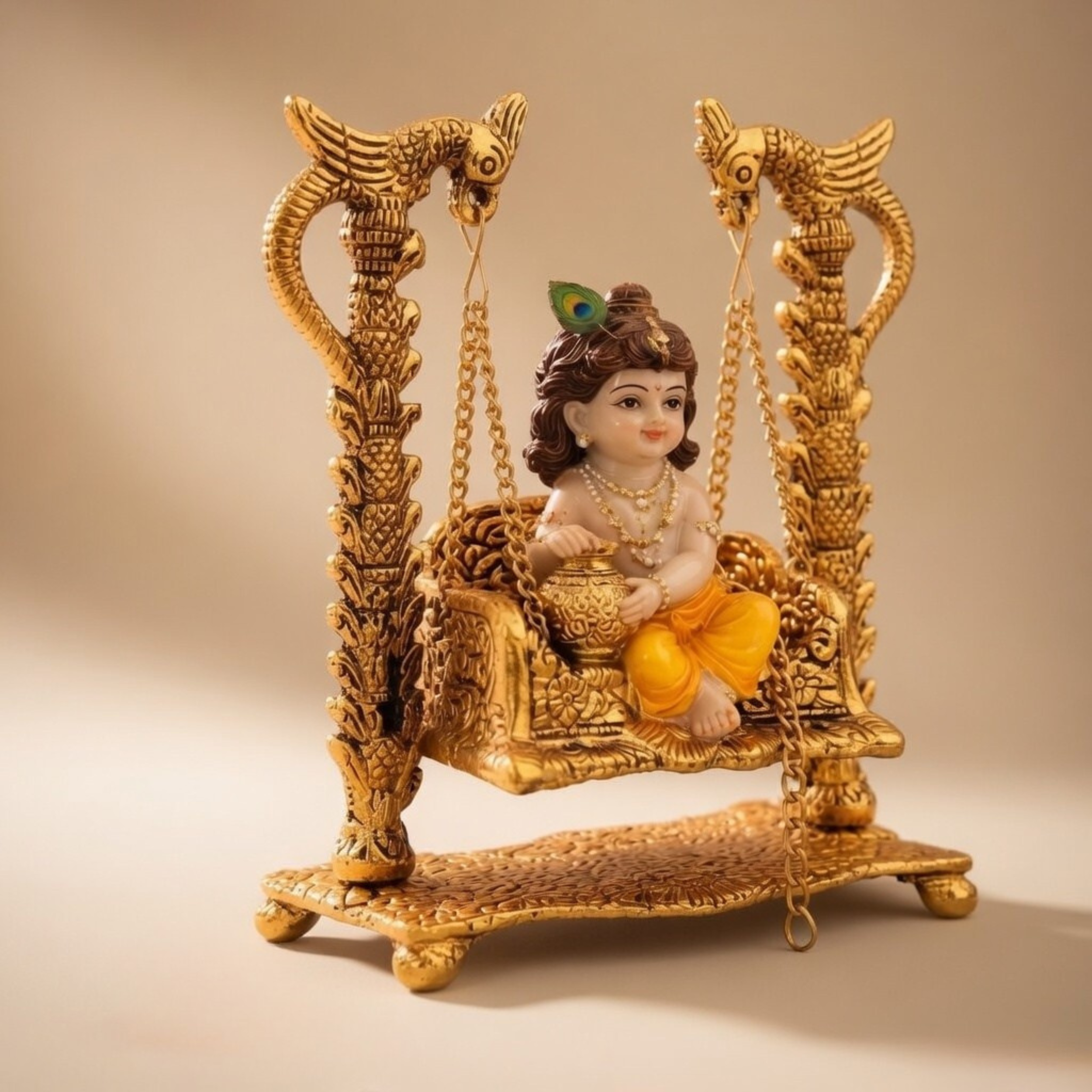 Gulabi Craft Handcrafted Parrot Krishna Jhula – Golden Laddu Gopal Swing Idol for Pooja Decor & Premium Gift Item