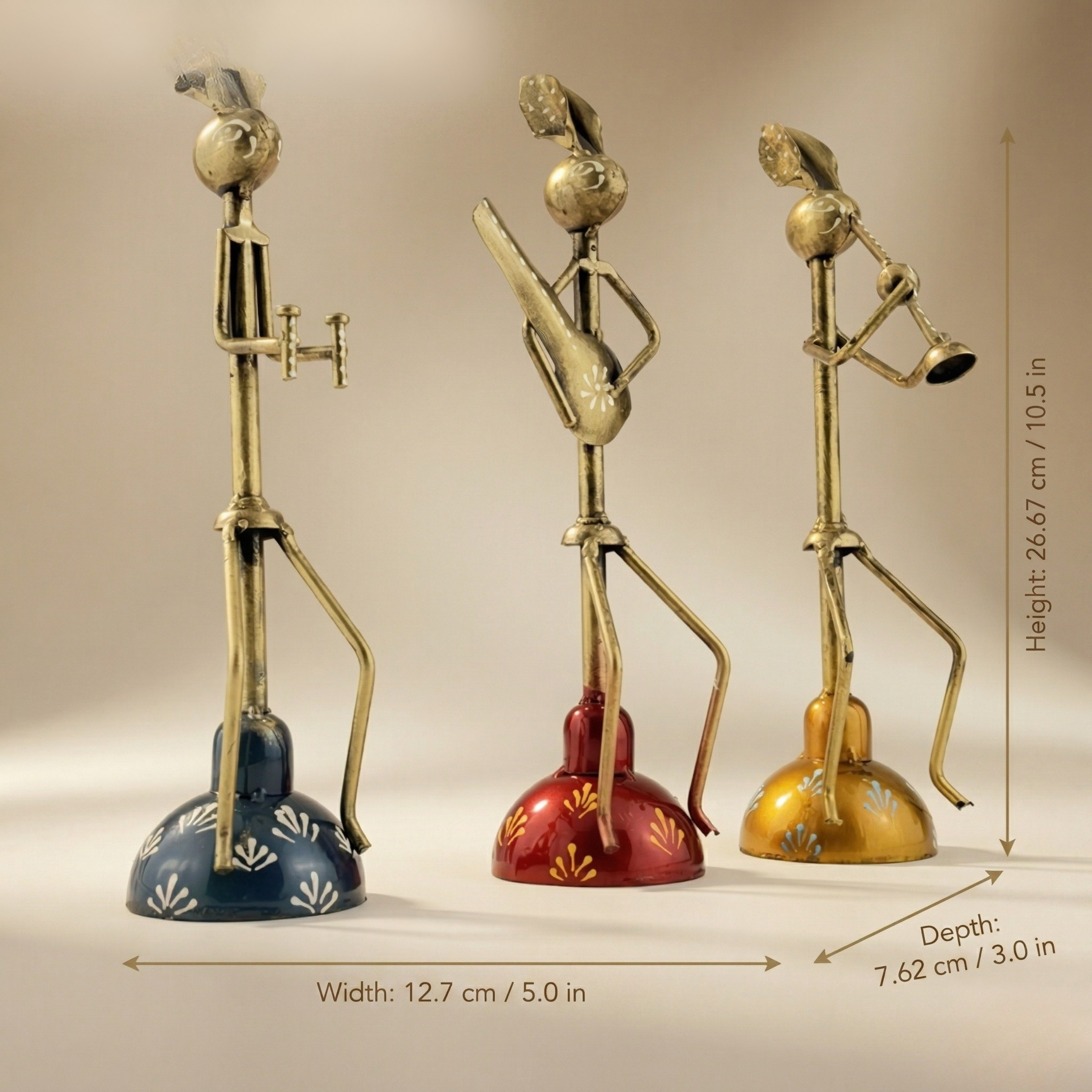 Handmade Metal Tribal Musician Figurines Set of 3 | Folk Art Home Decor