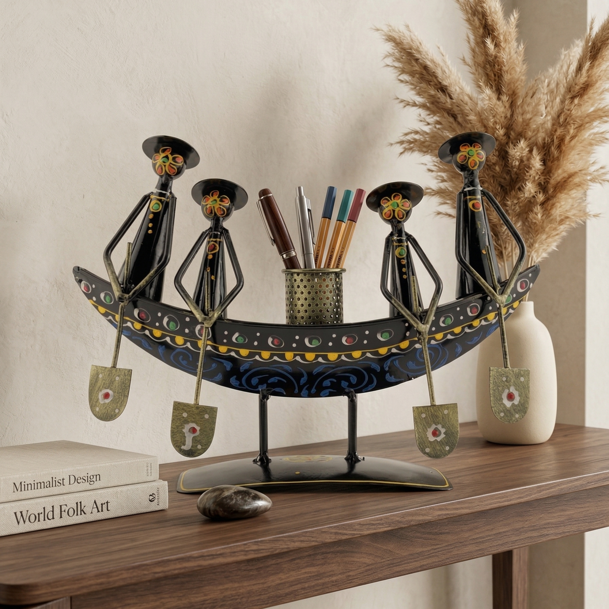 Handcrafted Metal Boat Pan Stand with Candle Holder – Tribal Ethnic Home Decor