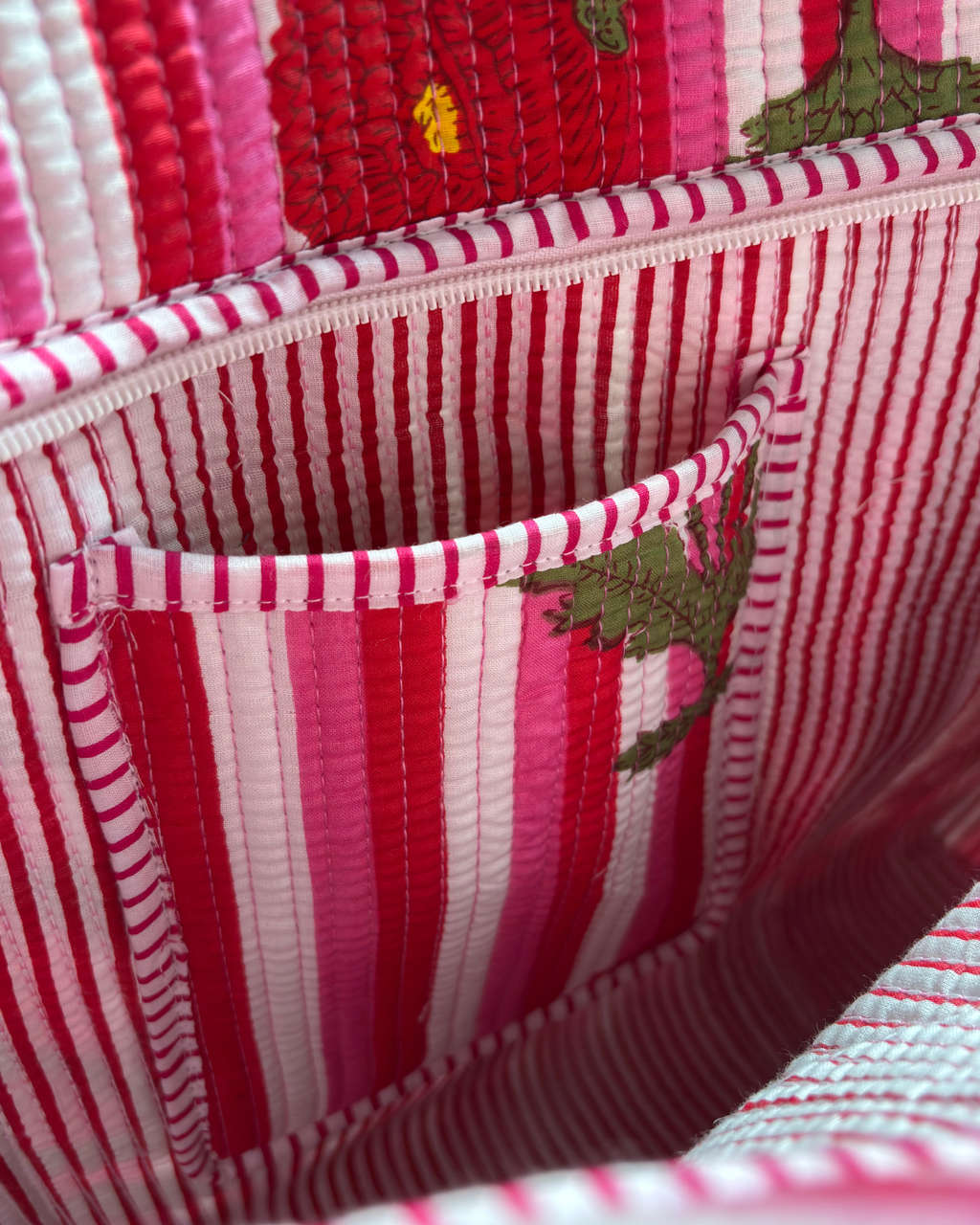 Pink Candy Stripe Red Poppy Quilted Canvas Tote Bag | Handcrafted Cotton Shoulder Bag with Inner Pocket | Gulabi Craft