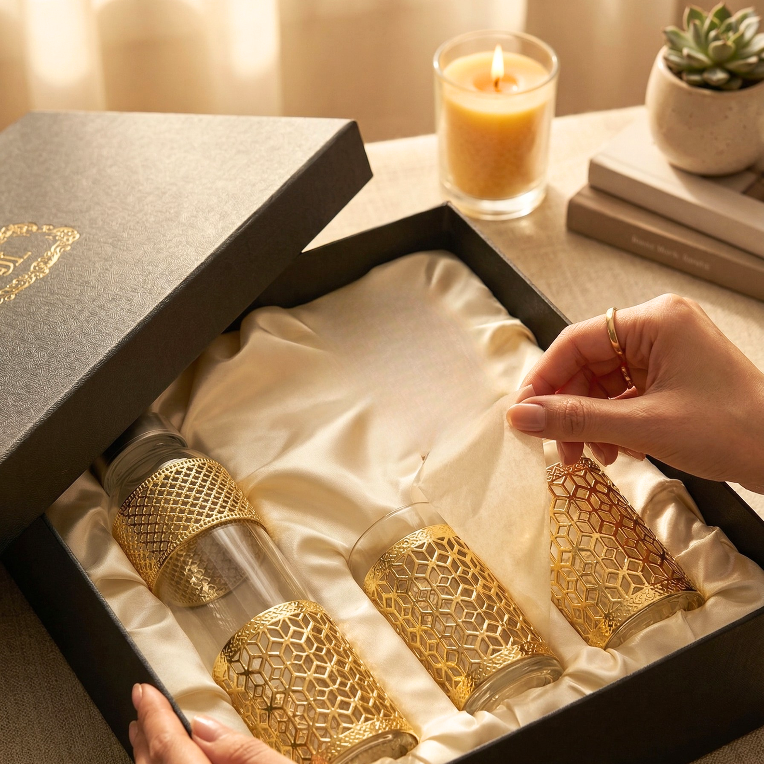 Luxury Glass Bottle & Tumbler Set | Premium Drinkware with Metal Holder