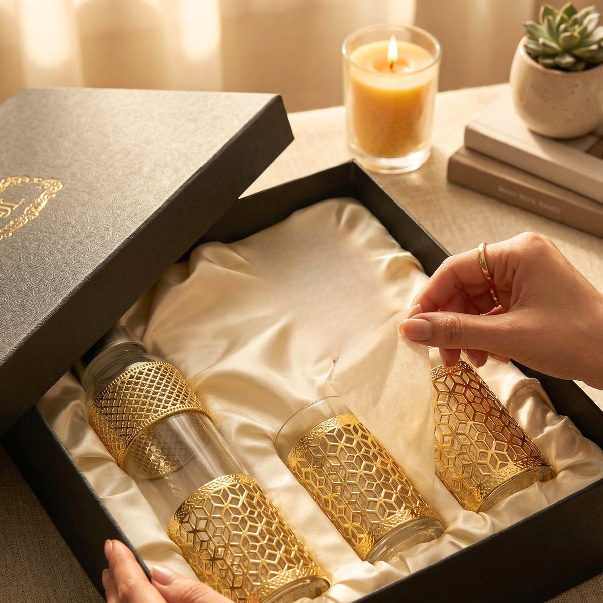 Luxury Glass Bottle & Tumbler Set | Premium Drinkware with Metal Holder