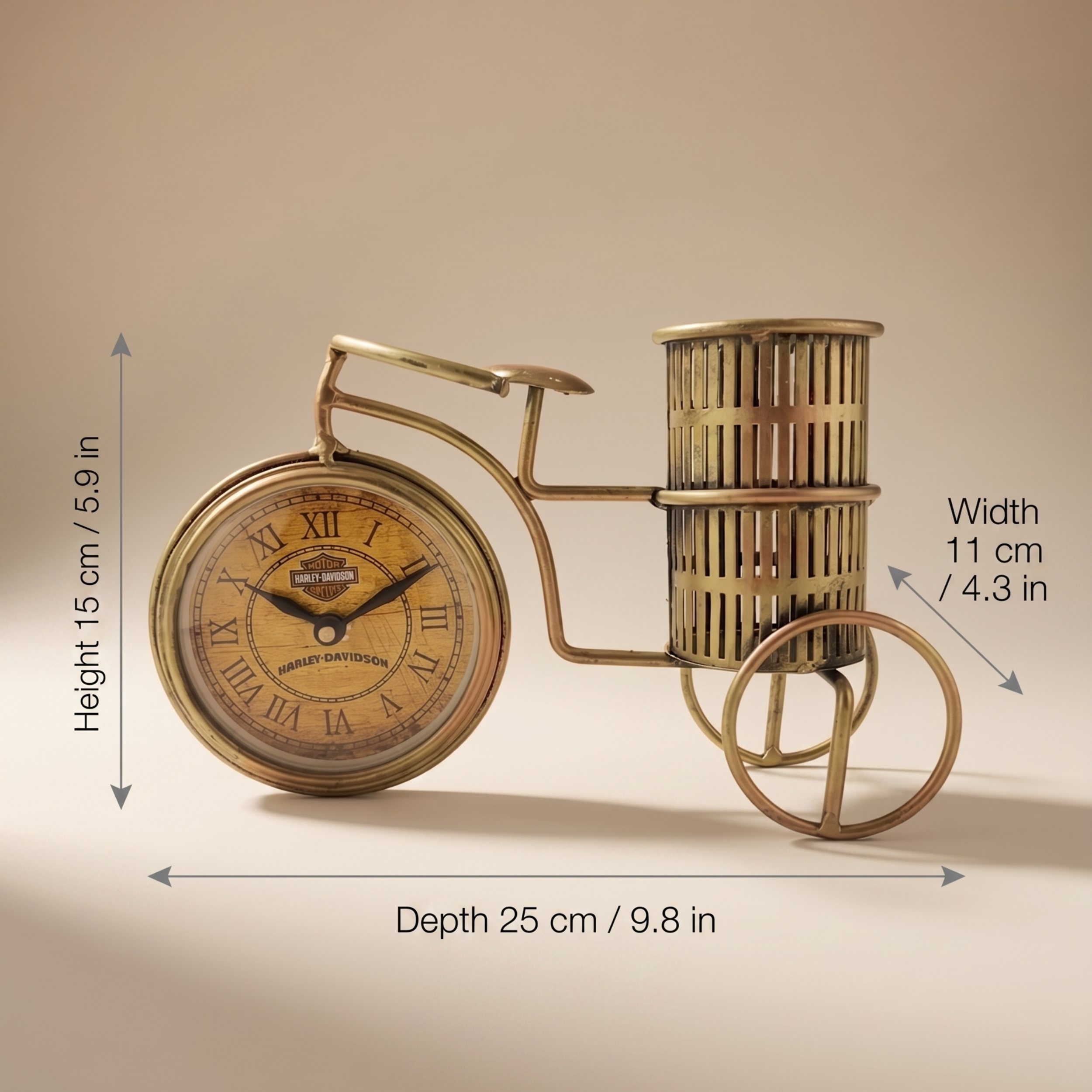 Handmade Vintage Bicycle Clock Pen Holder – Antique Metal Desk Decor | Gulabi Craft
