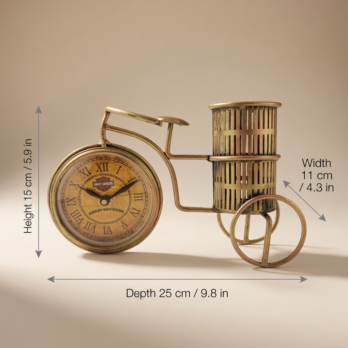 Handmade Vintage Bicycle Clock Pen Holder – Antique Metal Desk Decor | Gulabi Craft