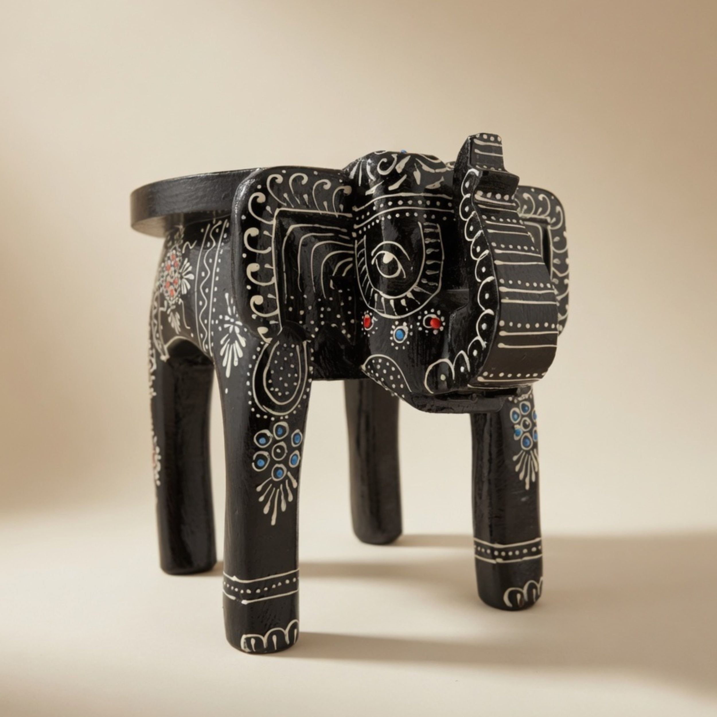 Gulabi Craft Handcrafted Wooden Elephant Stool (8-Inch) – Traditional Indian Painted Decorative Accent & Side Table