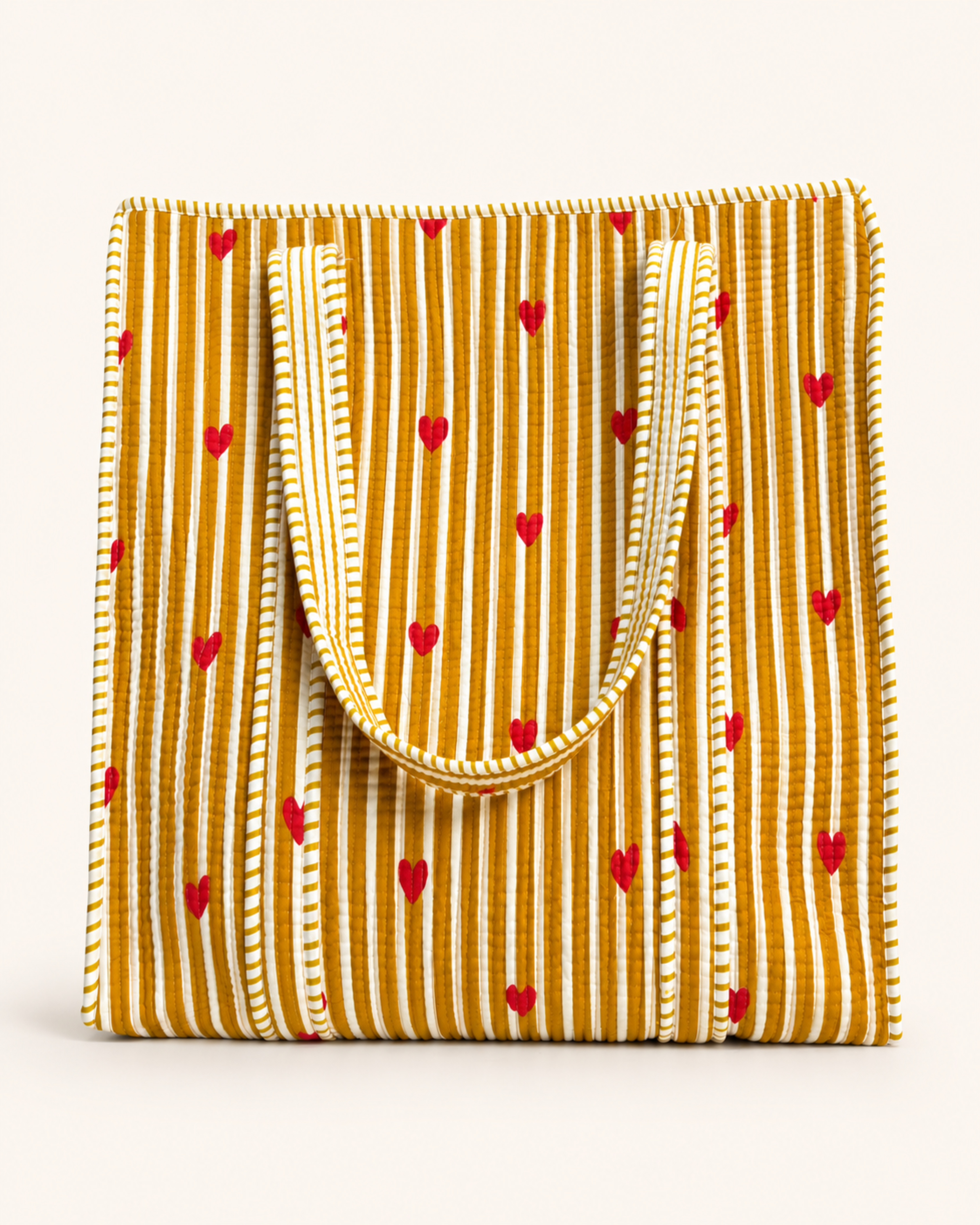 Mustard Yellow Stripe Red Heart Quilted Canvas Tote Bag | Handcrafted Cotton Shoulder Bag with Inner Pocket | Gulabi Craft