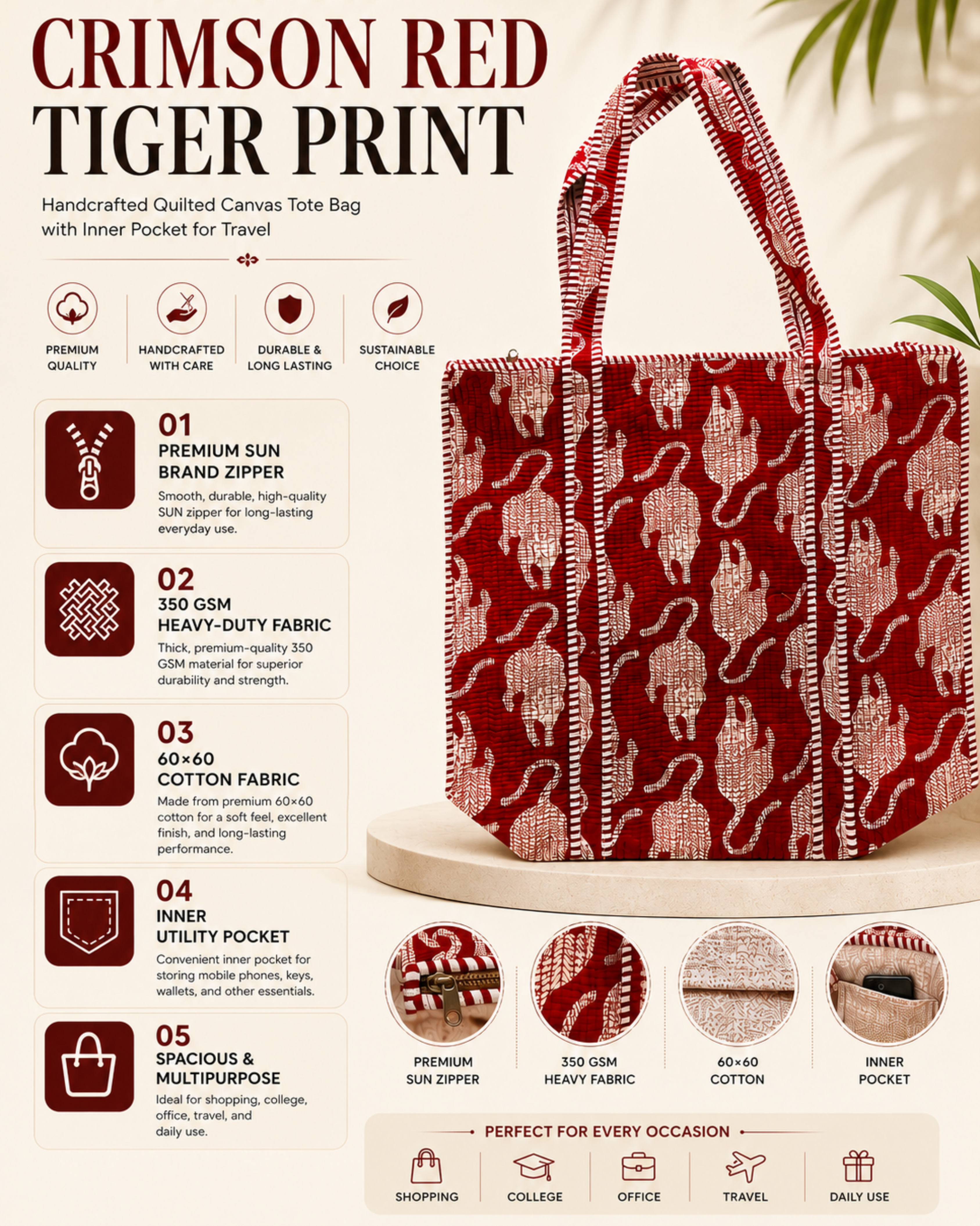 Crimson Red Stylized Tiger Print Handcrafted Quilted Canvas Tote Bag with Inner Pocket for Travel | Gulabi Craft