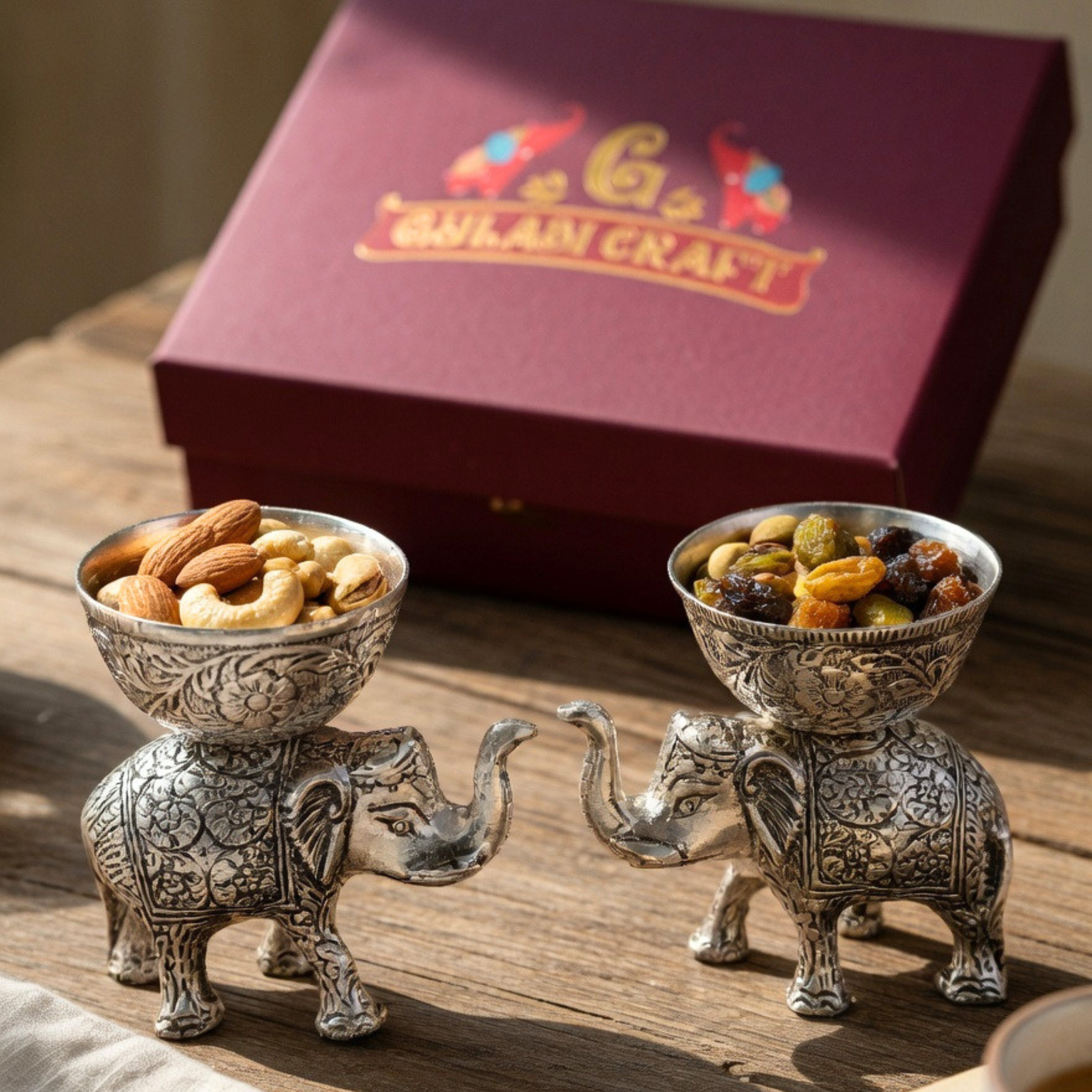 Handcrafted Silver Elephant Dry Fruit Bowl Set – Antique Serving Set for Table Decor & Premium Gifting | Gulabi Craft