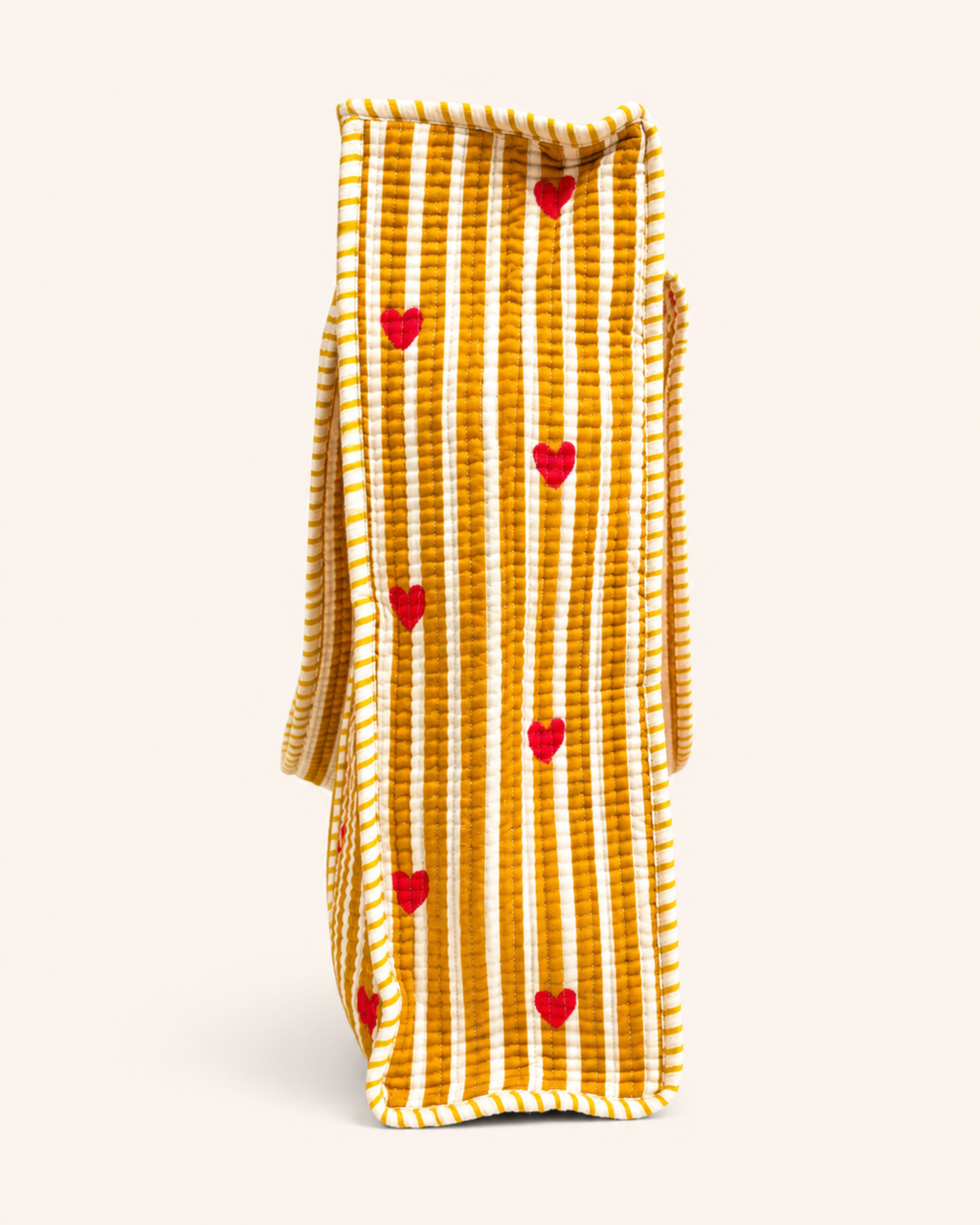 Mustard Yellow Stripe Red Heart Quilted Canvas Tote Bag | Handcrafted Cotton Shoulder Bag with Inner Pocket | Gulabi Craft