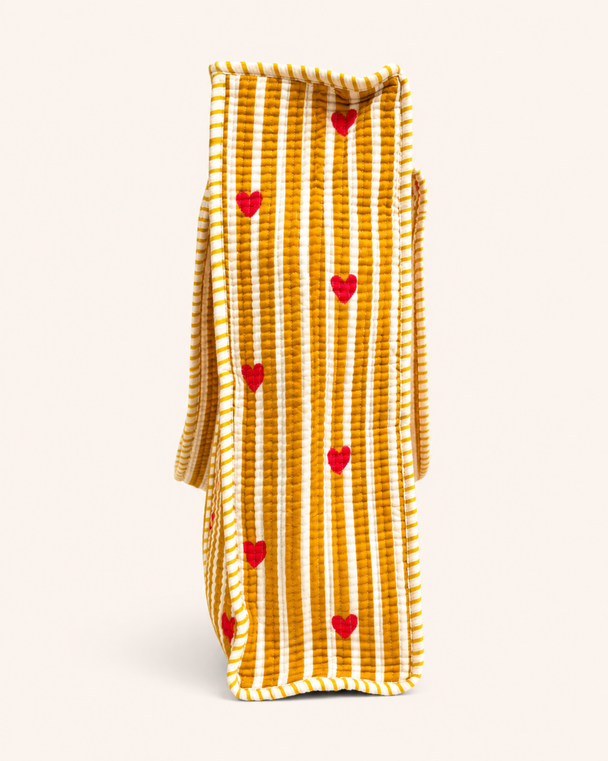 Mustard Yellow Stripe Red Heart Quilted Canvas Tote Bag | Handcrafted Cotton Shoulder Bag with Inner Pocket | Gulabi Craft