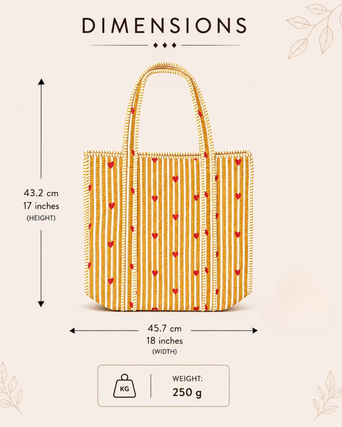 Mustard Yellow Stripe Red Heart Quilted Canvas Tote Bag | Handcrafted Cotton Shoulder Bag with Inner Pocket | Gulabi Craft