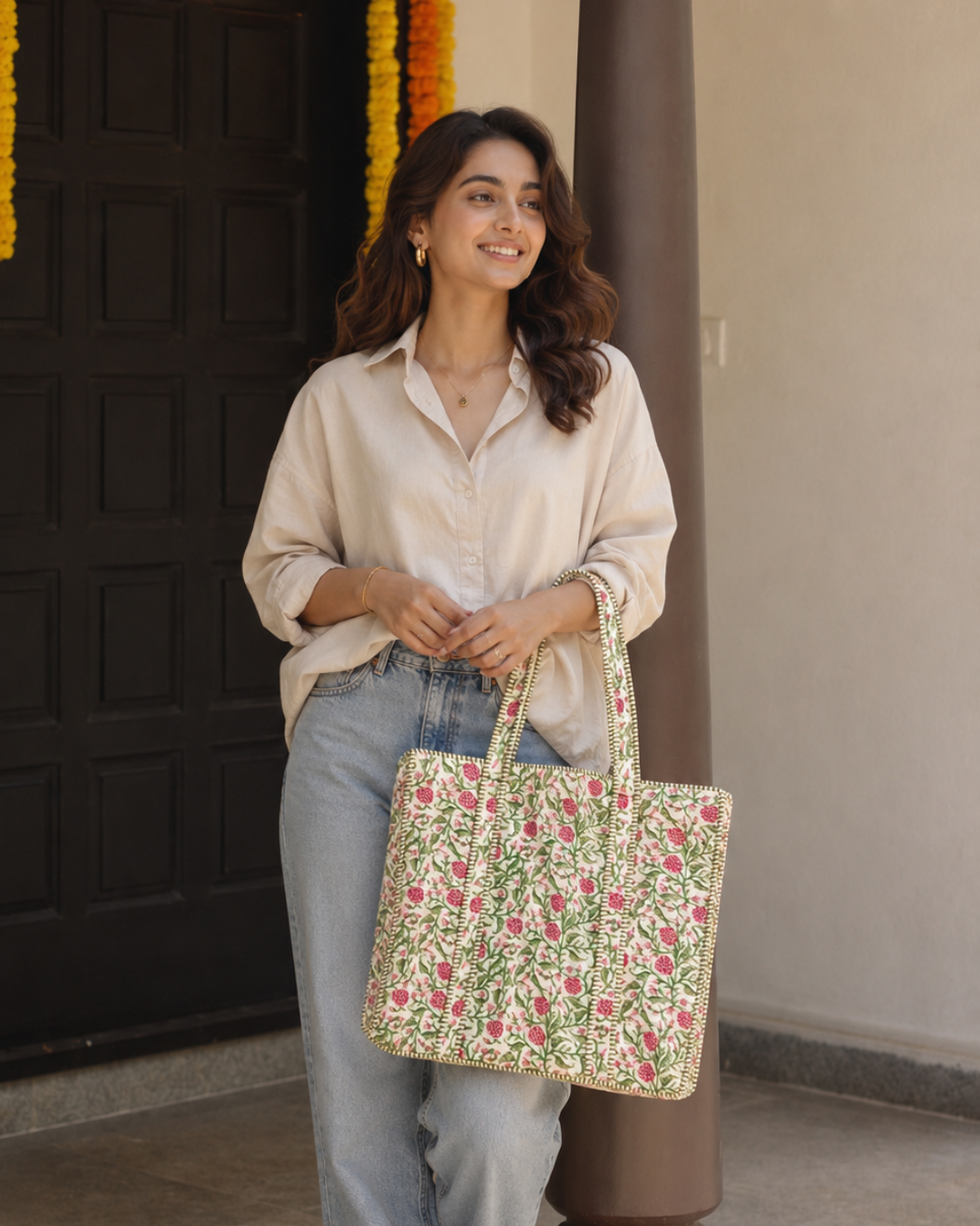 Olive Green Vintage Floral Quilted Canvas Tote Bag | Handcrafted Cotton Shoulder Bag with Inner Pocket | Gulabi Craft