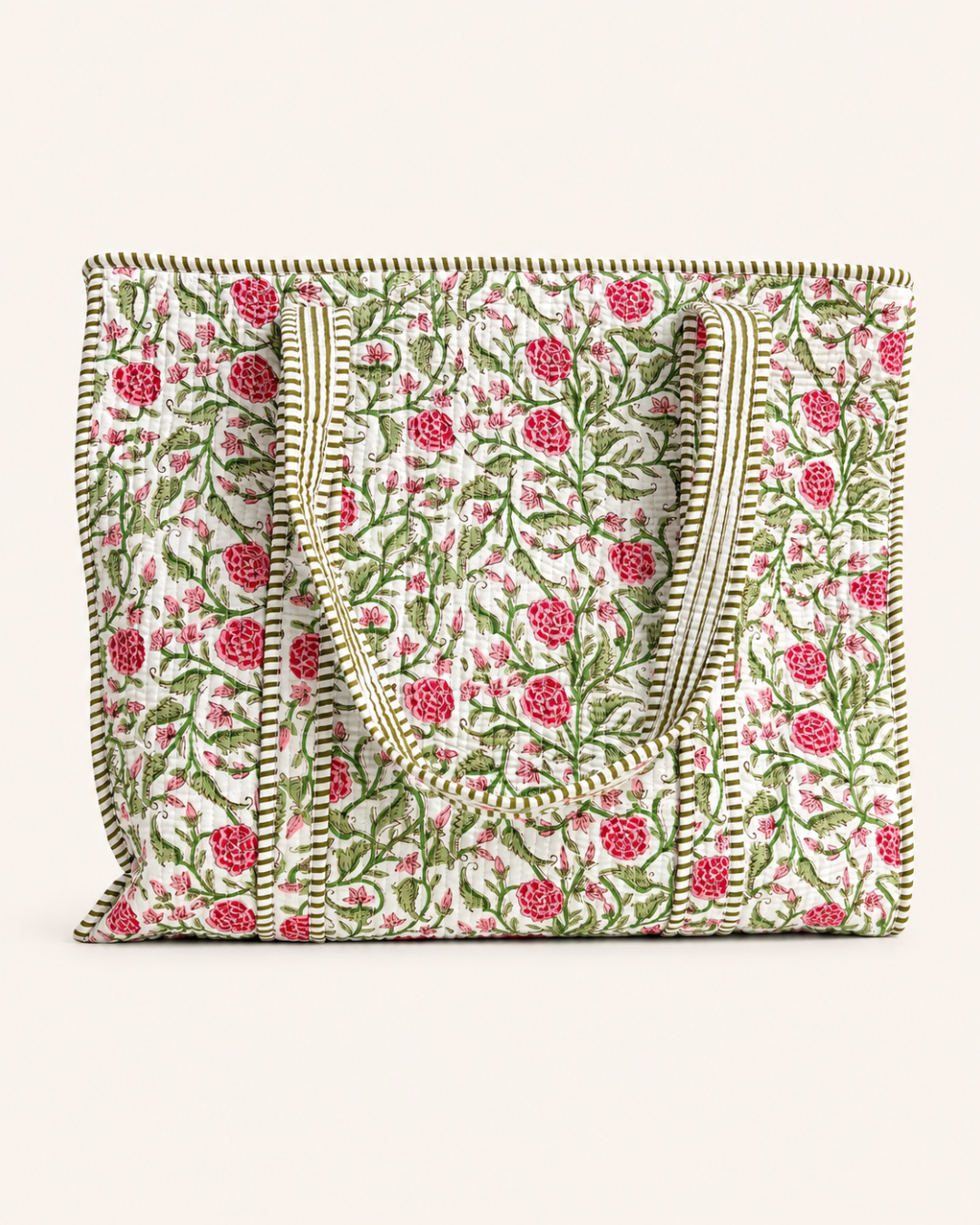 Olive Green Vintage Floral Quilted Canvas Tote Bag | Handcrafted Cotton Shoulder Bag with Inner Pocket | Gulabi Craft