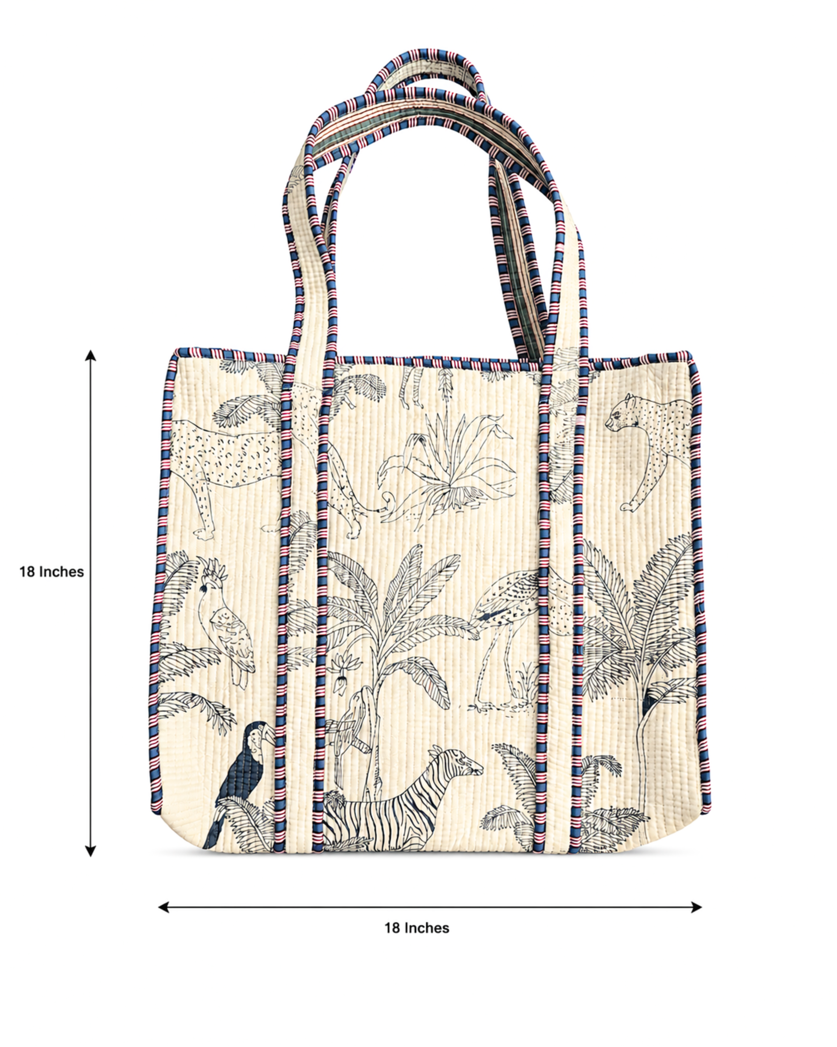 Ivory Safari Jungle Quilted Cotton Tote Bag with 3 Cosmetic Pouches Set | Raksha Bandhan Gift | Gulabi Craft