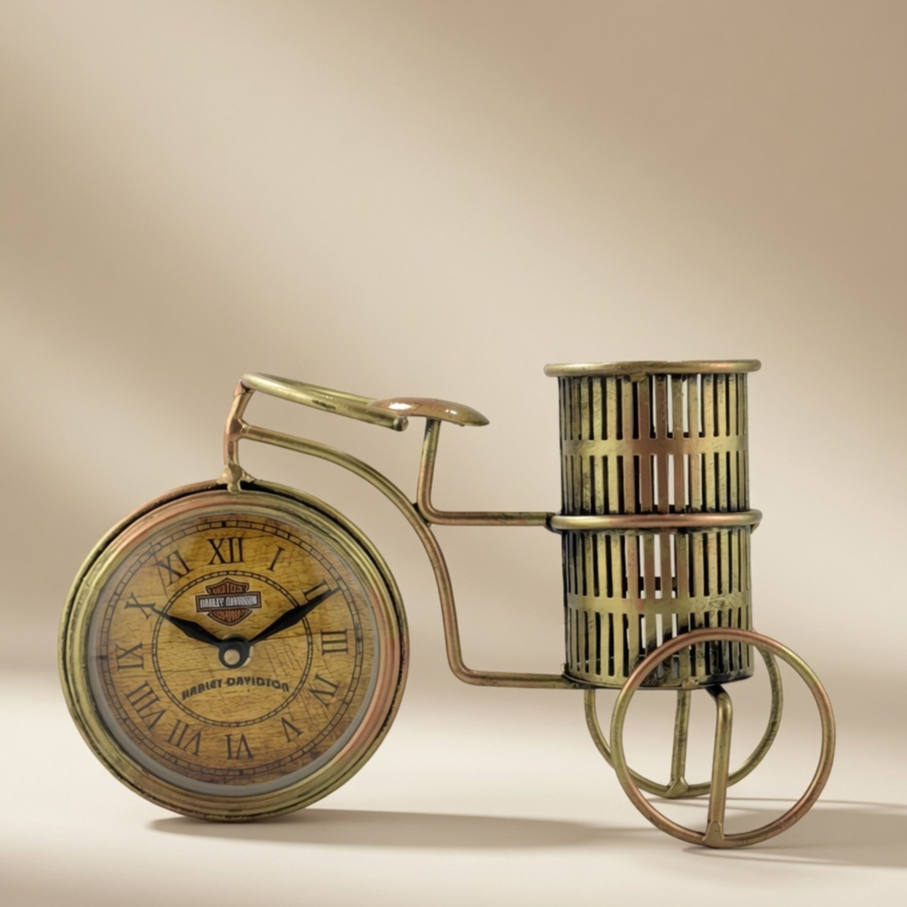 Handmade Vintage Bicycle Clock Pen Holder – Antique Metal Desk Decor | Gulabi Craft