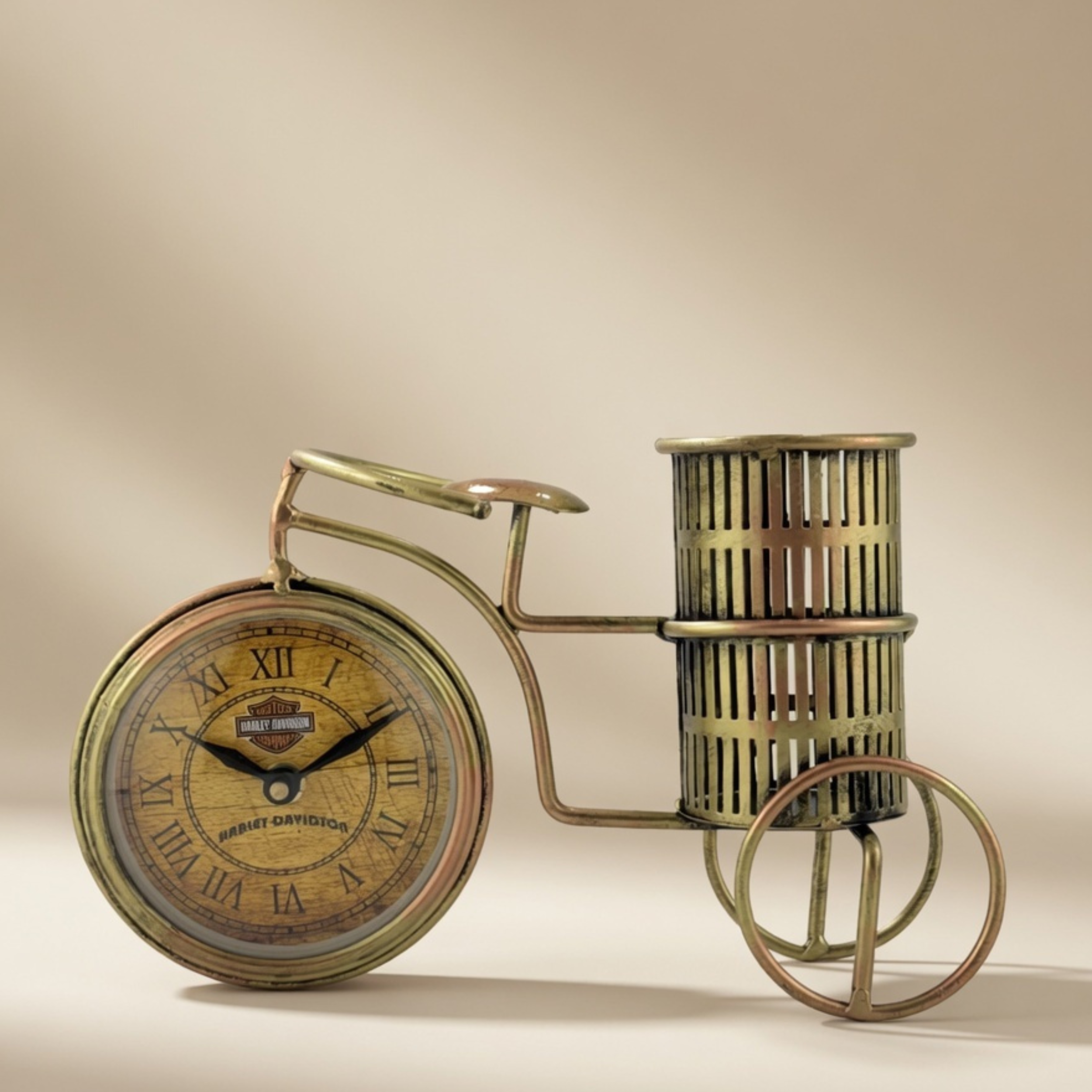Handmade Vintage Bicycle Clock Pen Holder – Antique Metal Desk Decor | Gulabi Craft