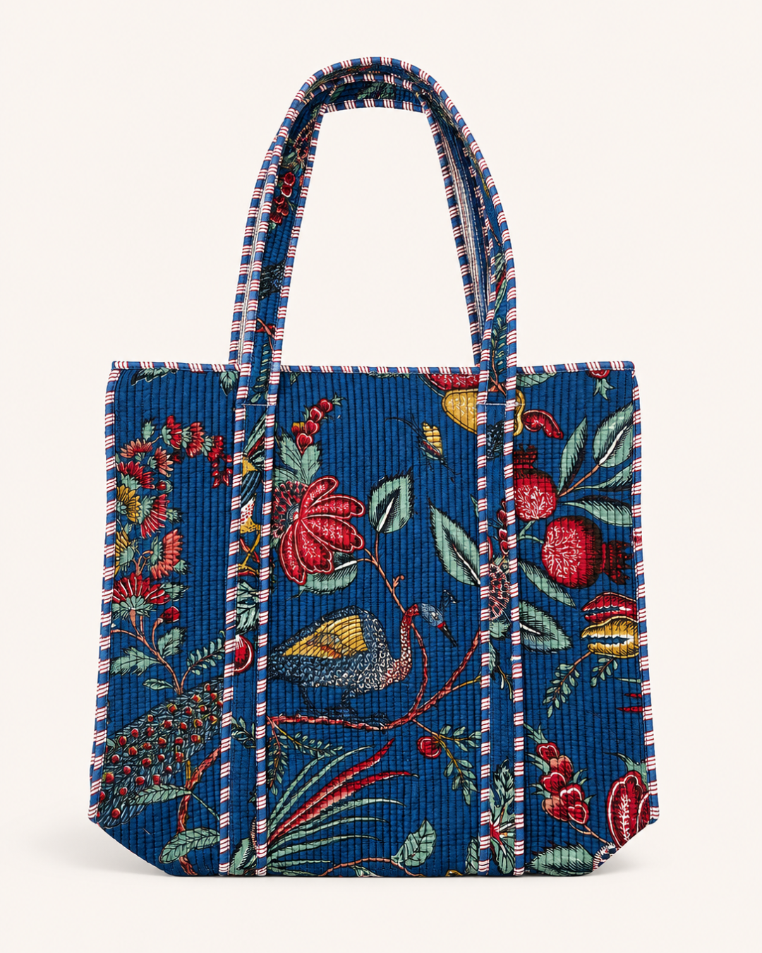 Indigo Peacock Block Print Quilted Cotton Tote Bag | Large Handbag with Inner Pocket for Travel & Gifting | Gulabi Craft