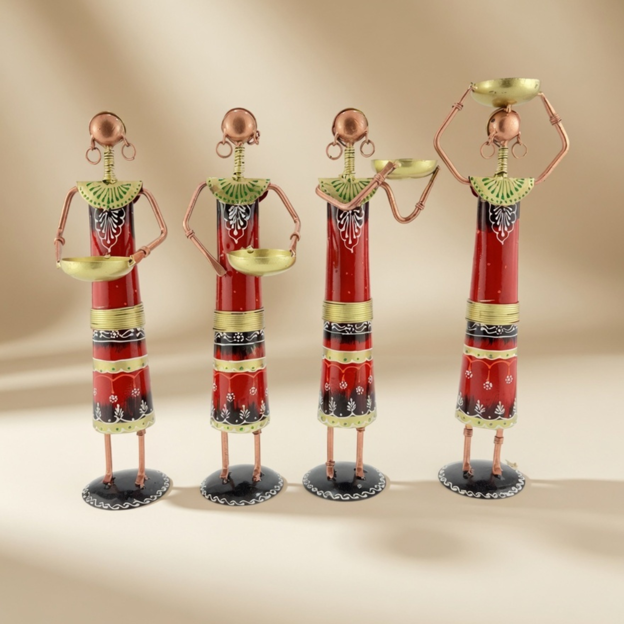 Handmade Tribal Lady Figurines Set – Metal Rajasthani Ethnic Home Decor (4 pcs)