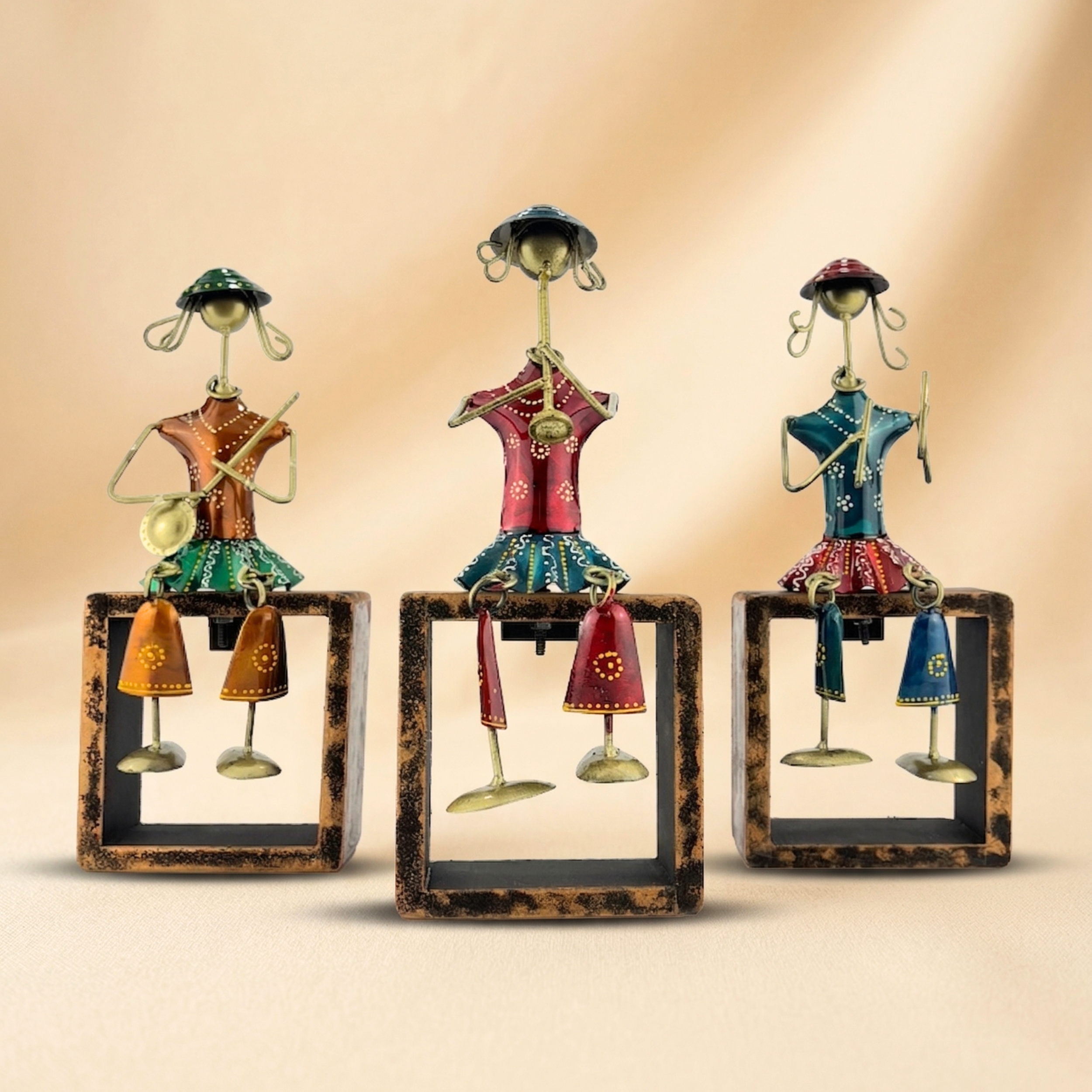 Handmade Tribal Musician Metal Figurine Set of 3 Home Decor Showpiece