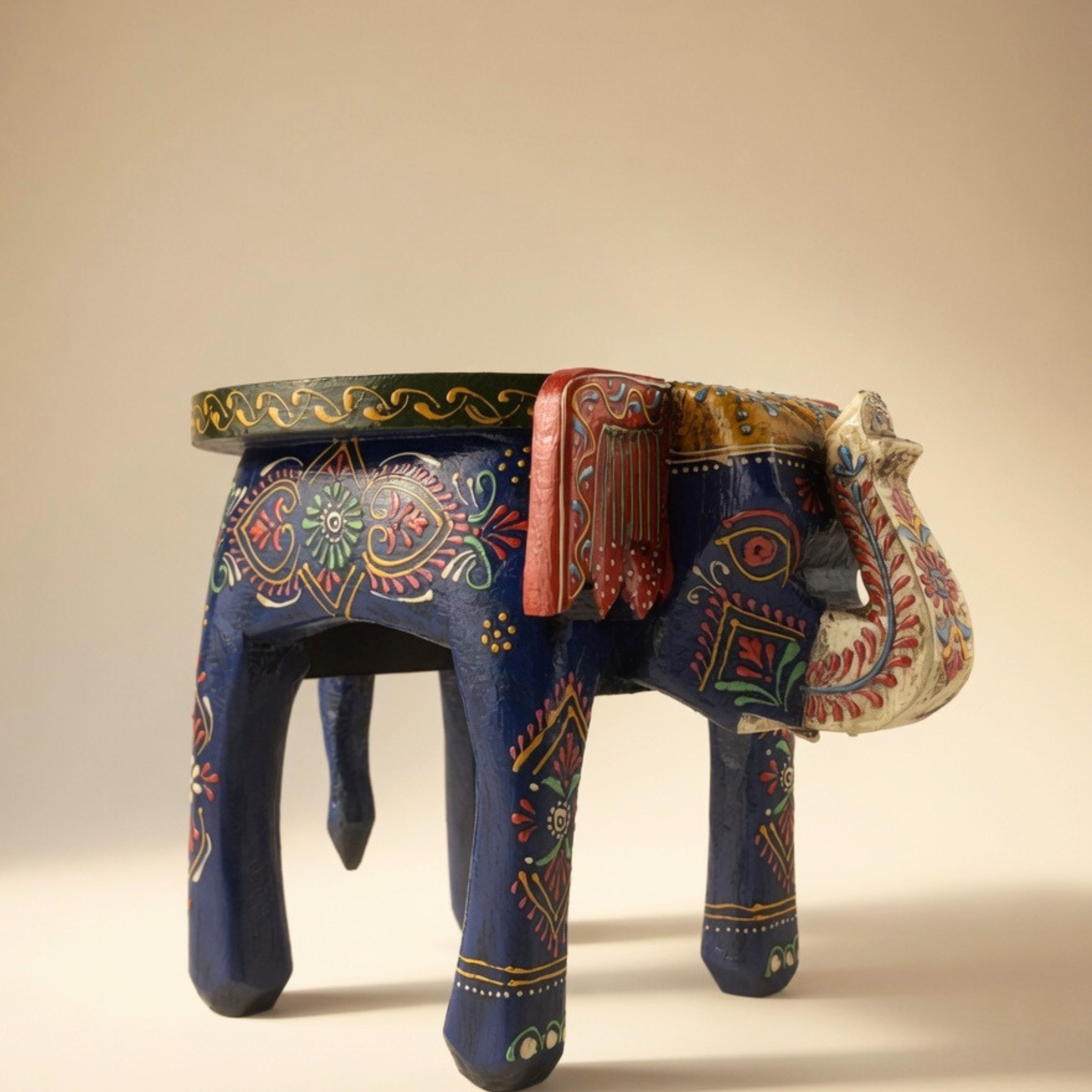 Gulabi Craft Handcrafted Blue Wooden Elephant Stool (8-Inch) – Royal Rajasthani Painted Decorative Side Table &amp; Accent Piece