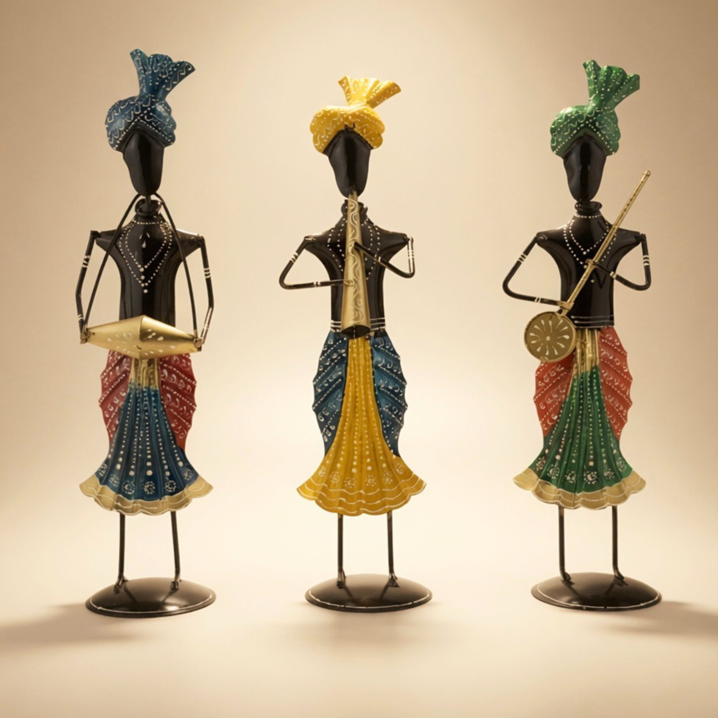 Handcrafted Metal Tribal Musician Figurines Set | Ethnic Home Decor Showpiece