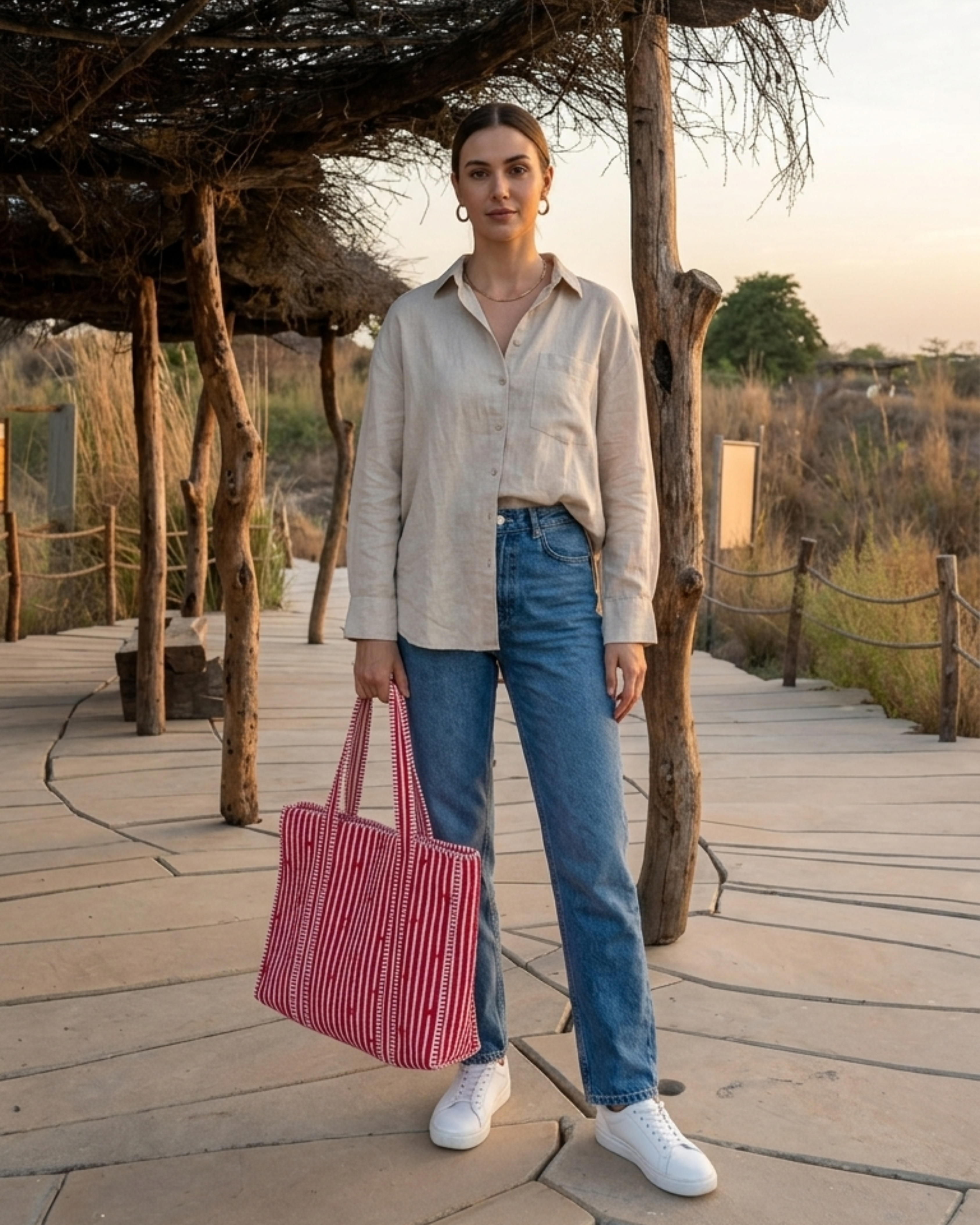 Red Stripe Red Heart Quilted Canvas Tote Bag | Handcrafted Cotton Shoulder Bag with Inner Pocket | Gulabi Craft