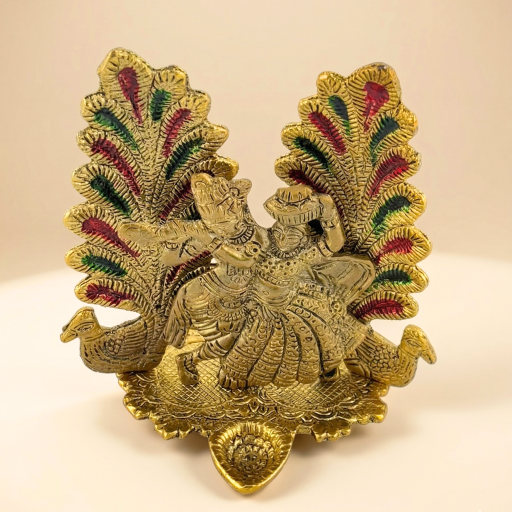 Gulabi Craft Handcrafted Mor Pankh Radha Krishna Idol with Diya – Antique Gold Metal Decor  Premium Gift Item