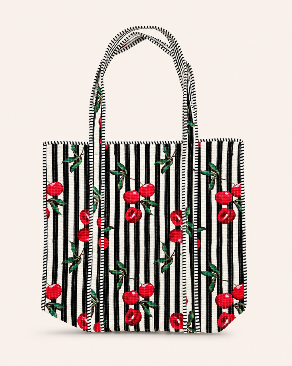 Midnight Black Stripe Red Cherry Handcrafted Quilted Canvas Tote Bag with Inner Pocket for Travel | Gulabi Craft