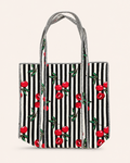 Midnight Black Stripe Red Cherry Handcrafted Quilted Canvas Tote Bag with Inner Pocket for Travel | Gulabi Craft