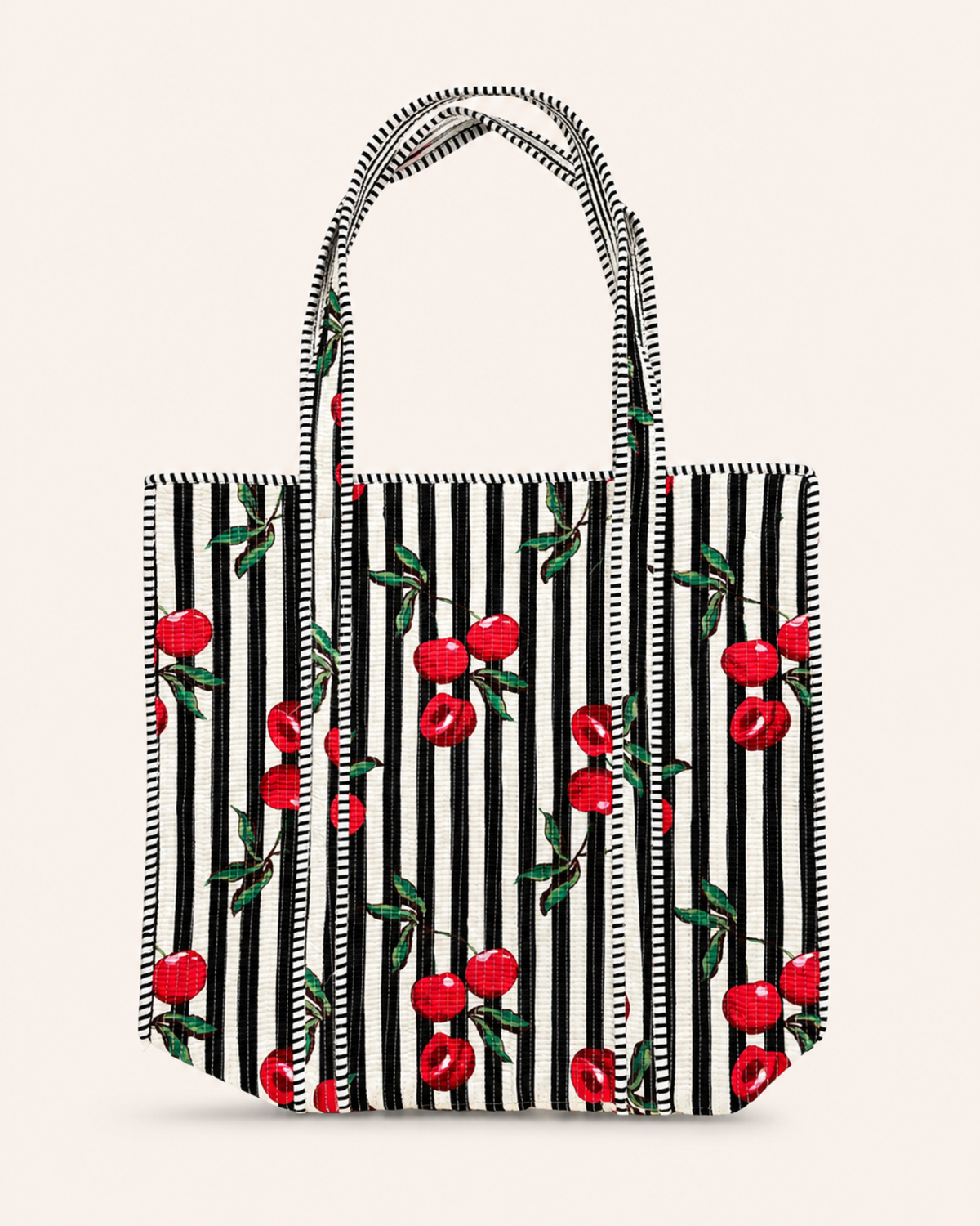 Midnight Black Stripe Red Cherry Handcrafted Quilted Canvas Tote Bag with Inner Pocket for Travel | Gulabi Craft
