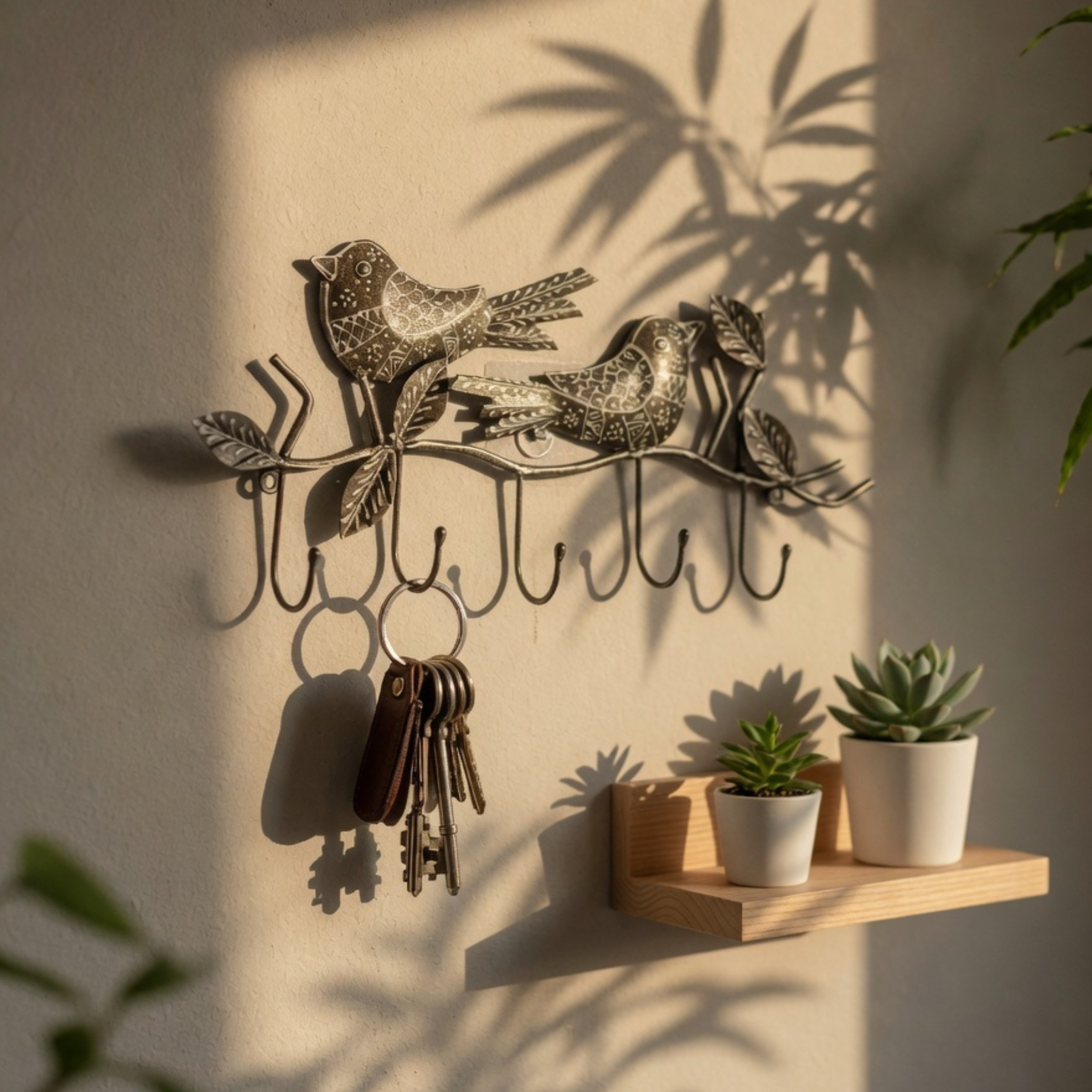 Gulabi Craft Handcrafted 2 Bird Key Holder – Antique Silver Metal Wall Hook for Entryway Decor &amp; Housewarming Gifts