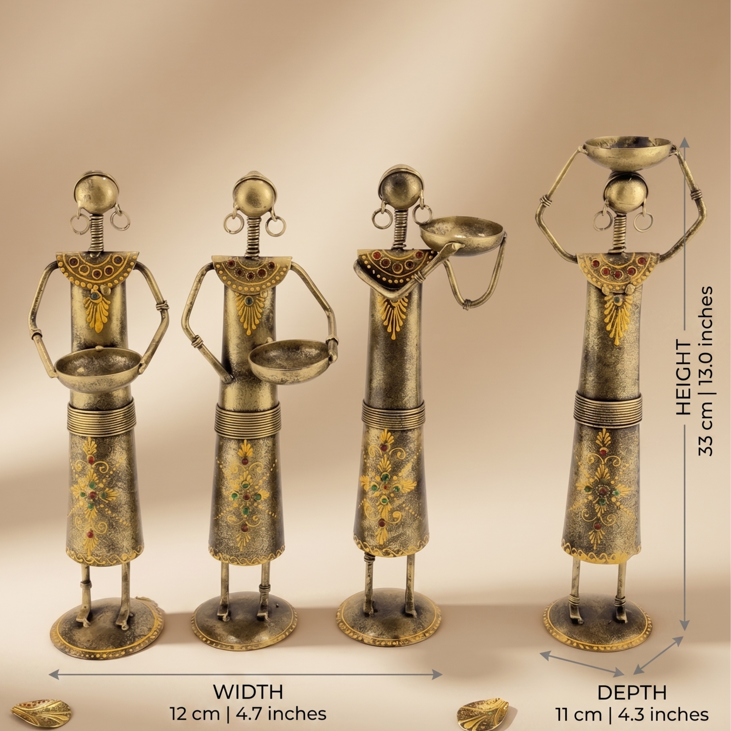 Handcrafted Labour Lady Showpiece Set of 4 – Vintage Metal Tribal Home Decor Table Figurines | Gulabi Craft
