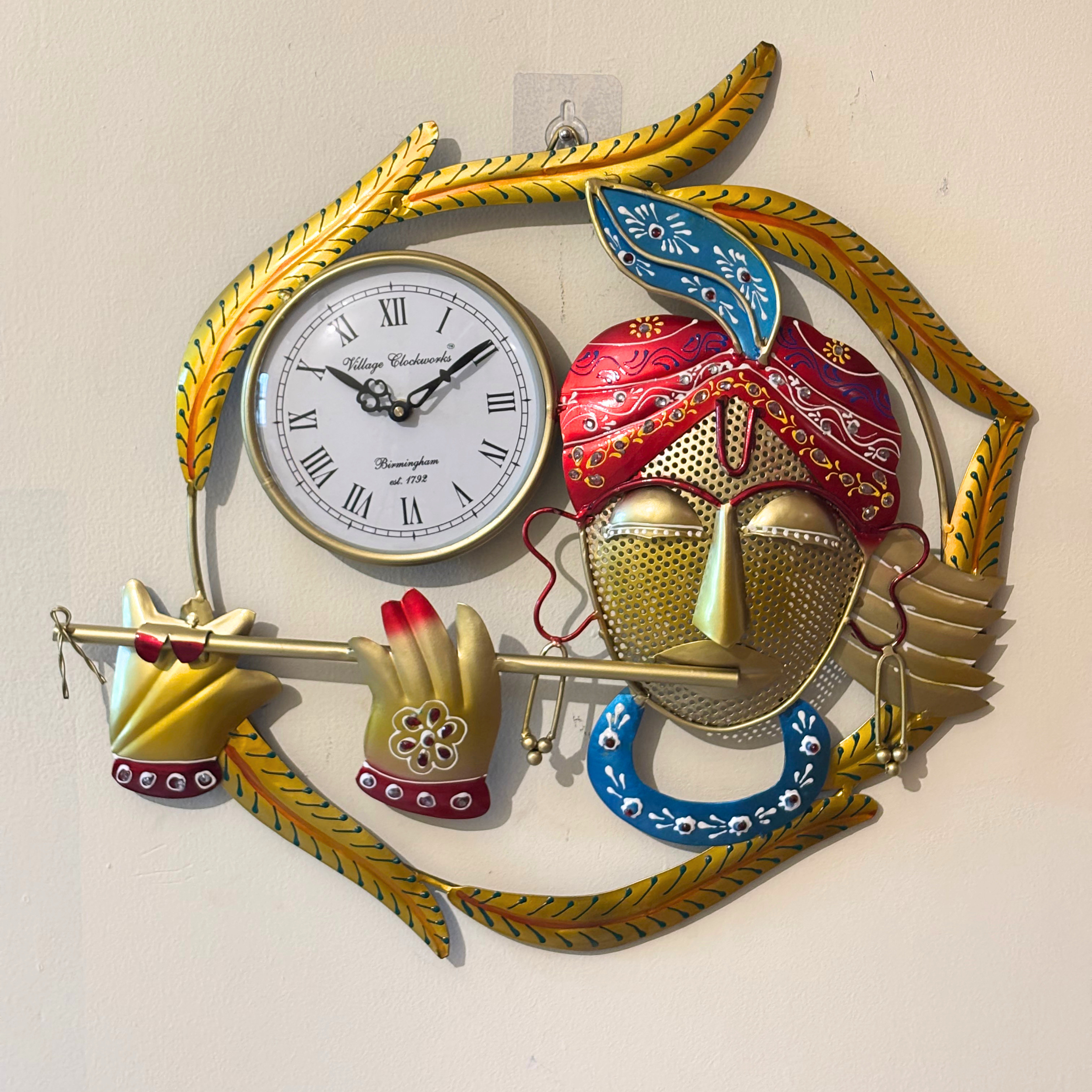Handcrafted Colour Krishna Wall Clock – Metal Wall Art Decor for Living Room & Vastu Gifting | Gulabi Craft