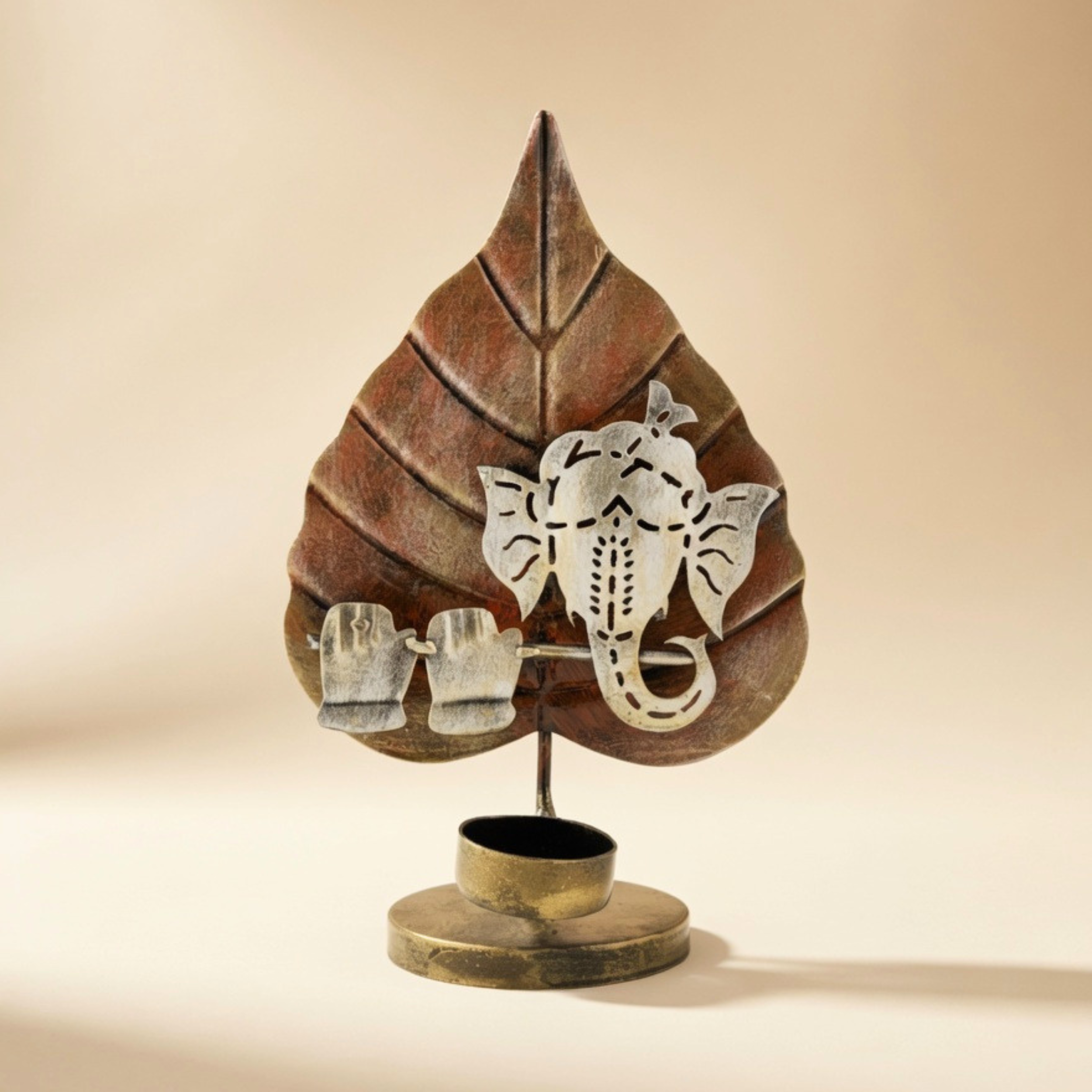 Handcrafted Ganesh Leaf Tealight Holder Brown | Spiritual Home Decor & Gift | Gulabi Craft