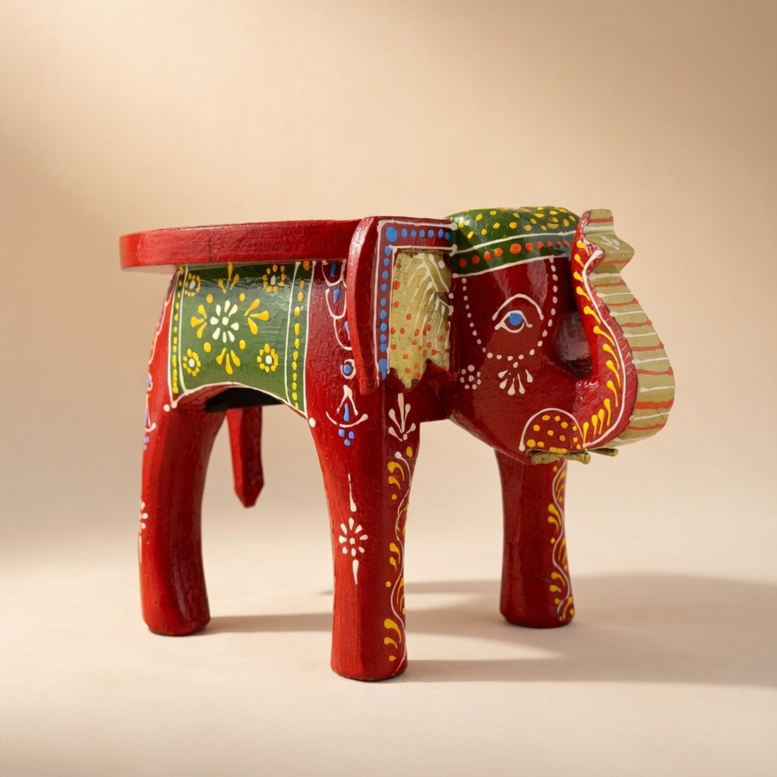 Gulabi Craft Premium Red Wooden Elephant Stool (8-Inch) – Hand-Painted Traditional Accent Table &amp; Home Decor