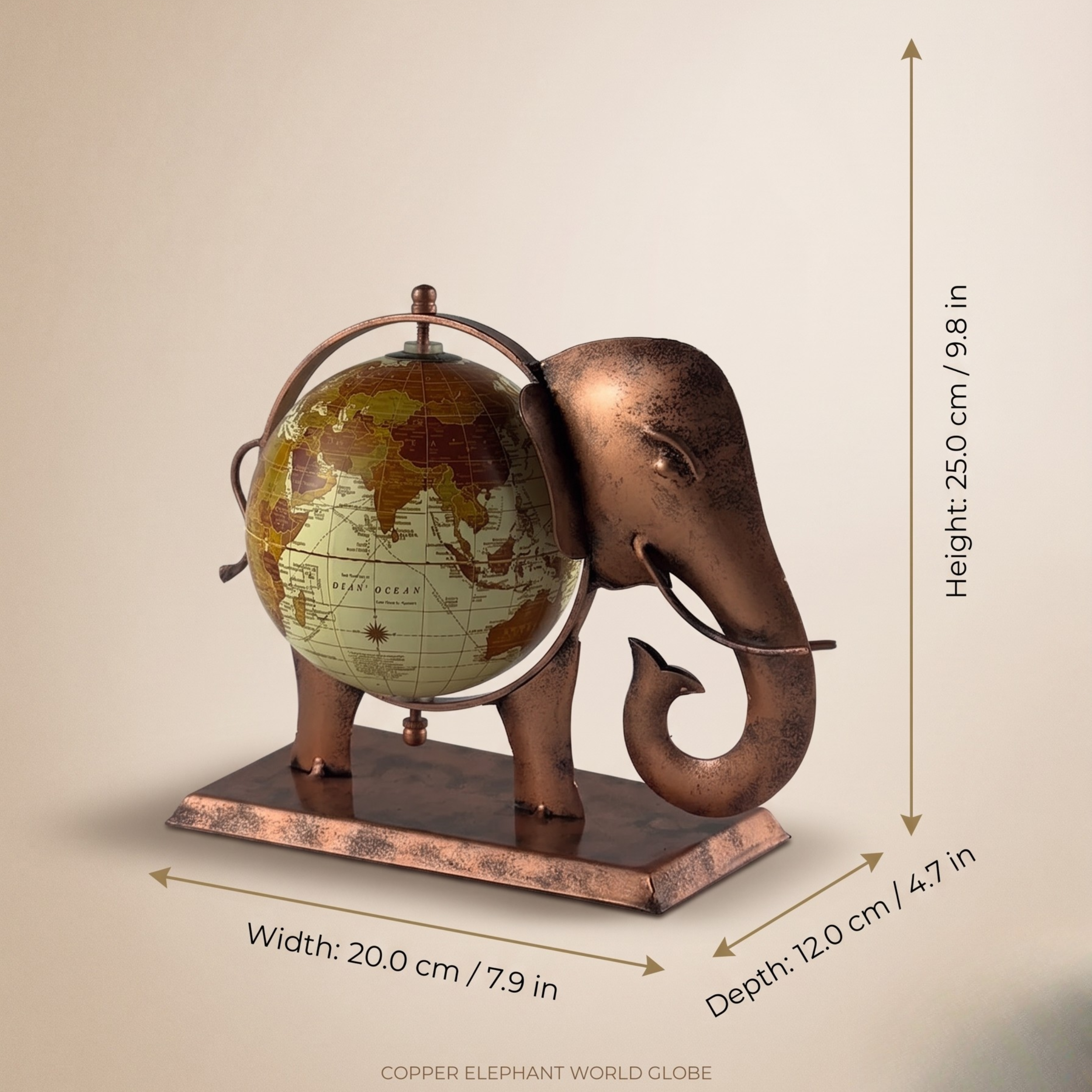 Antique Elephant Globe Showpiece – Handcrafted Metal Table Decor for Office Desk & Gifting | Gulabi Craft