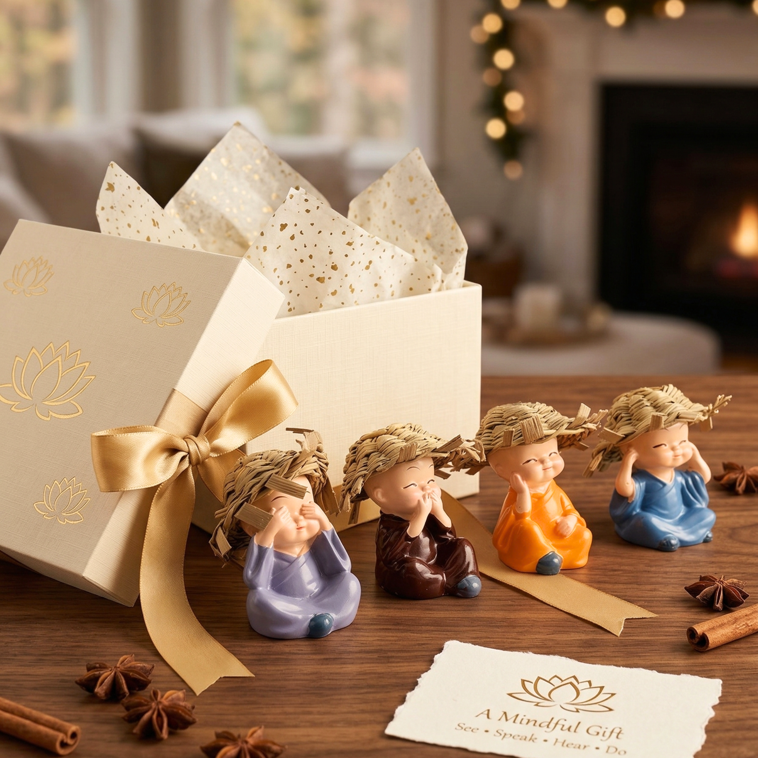 Handcrafted Mindful Monk Mini Statue Set – 4 Cute Zen Figurines for Home Decor &amp; Gifting | Gulabi Craft