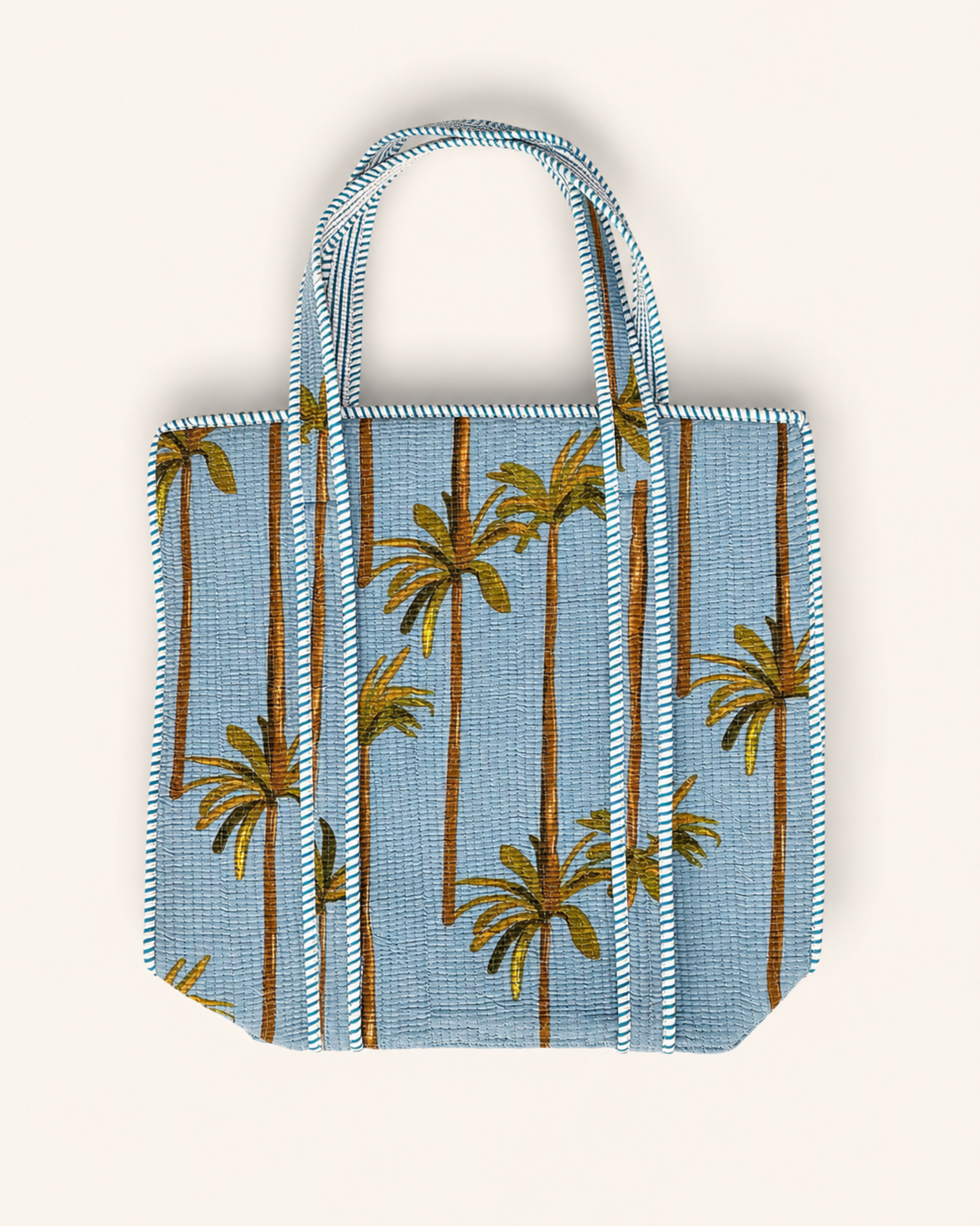 Sky Blue Palm Tree Quilted Canvas Tote Bag | Handcrafted Cotton Shoulder Bag with Inner Pocket | Gulabi Craft