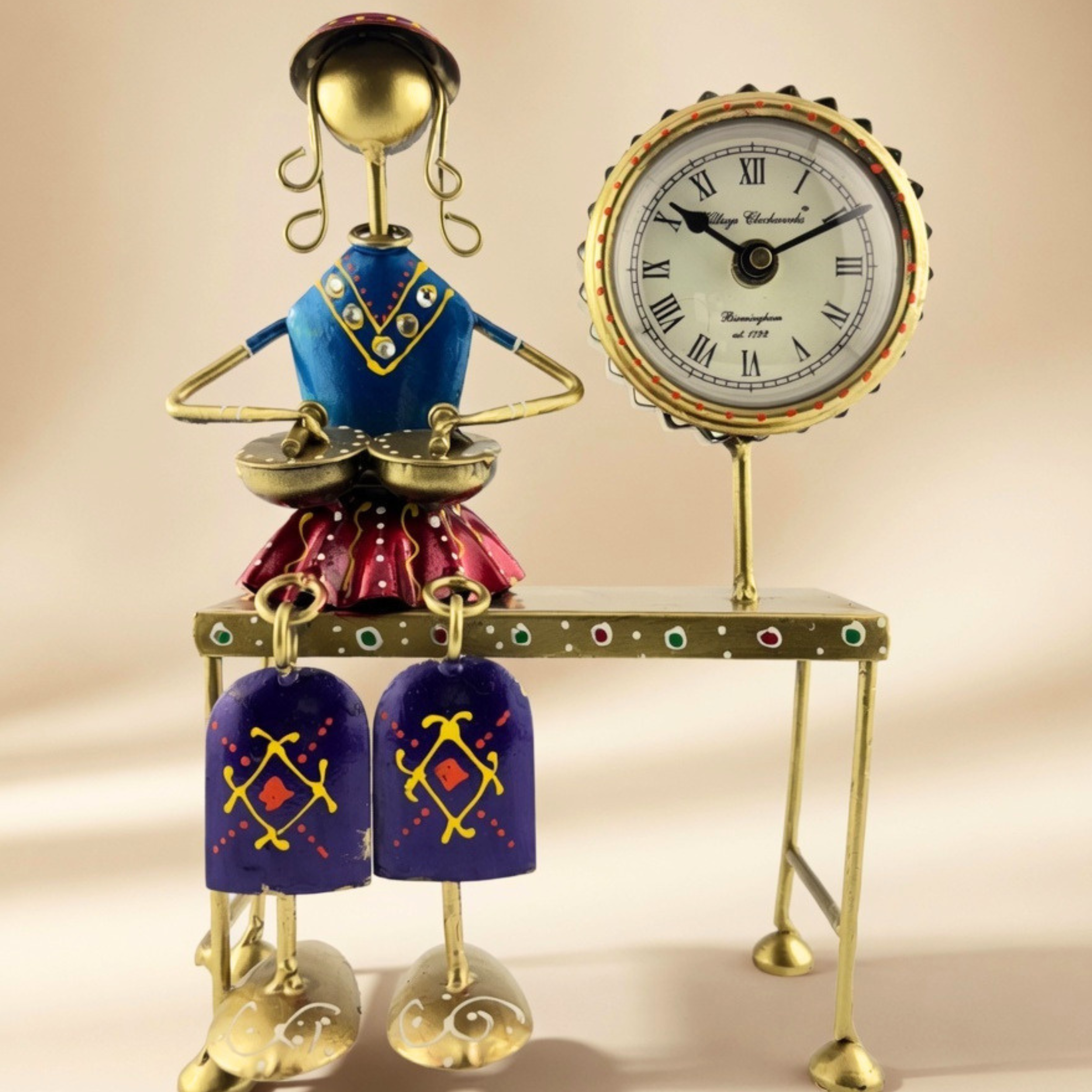 Handmade Musician Lady Table Clock – Vintage Metal Desk Decor Showpiece