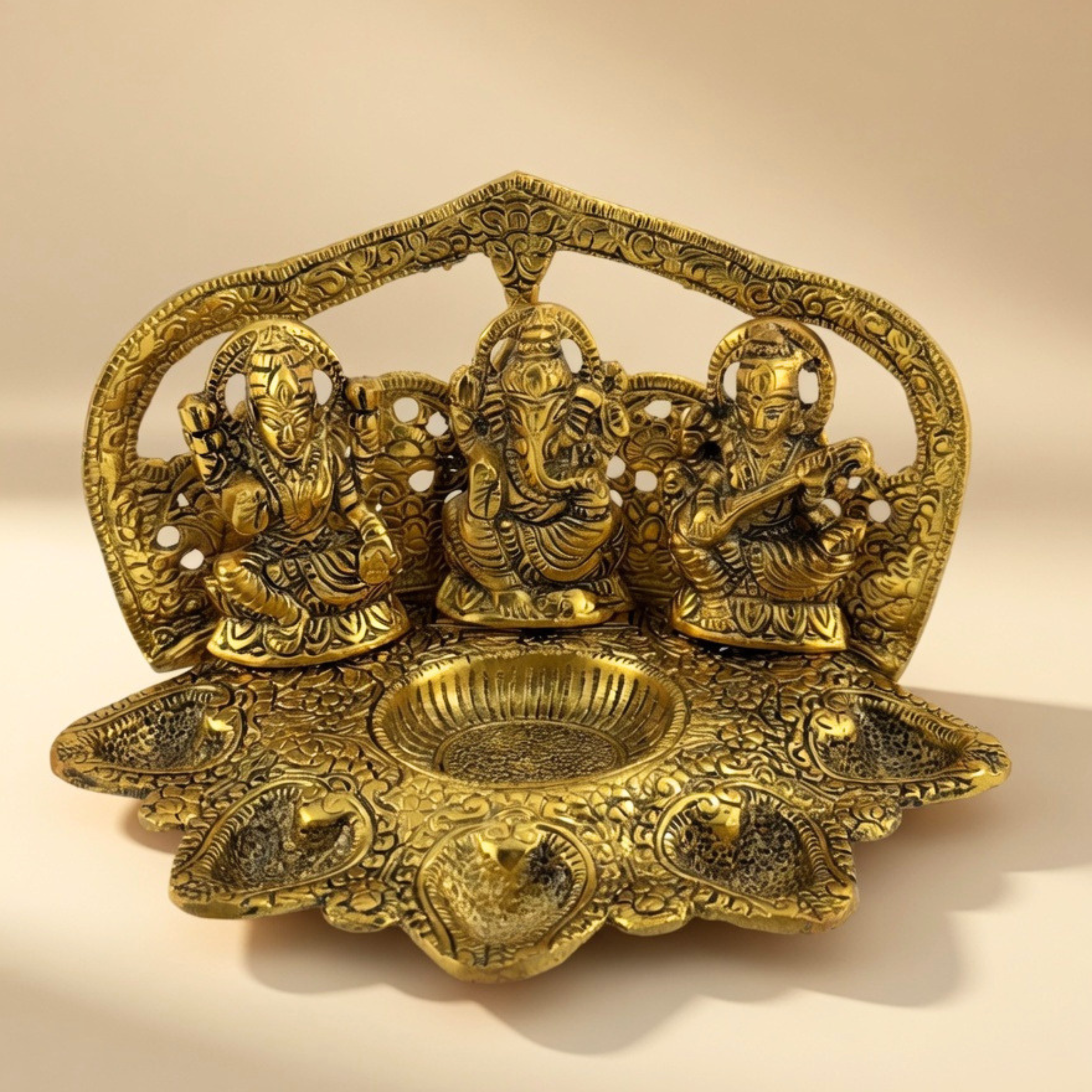 Ganesha Lakshmi Saraswati Diya Stand | Handmade Brass Puja Decor