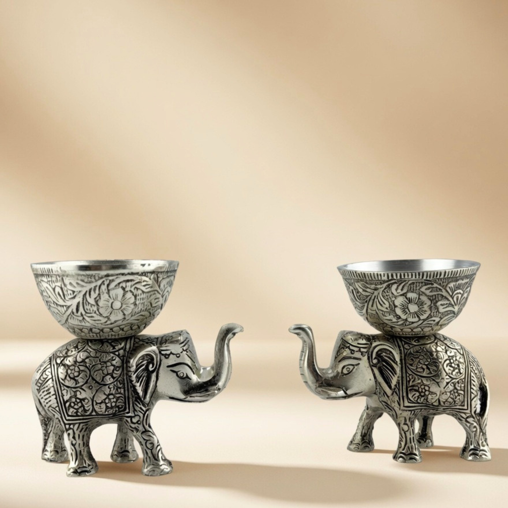 Handcrafted Silver Elephant Dry Fruit Bowl Set – Antique Serving Set for Table Decor & Premium Gifting | Gulabi Craft